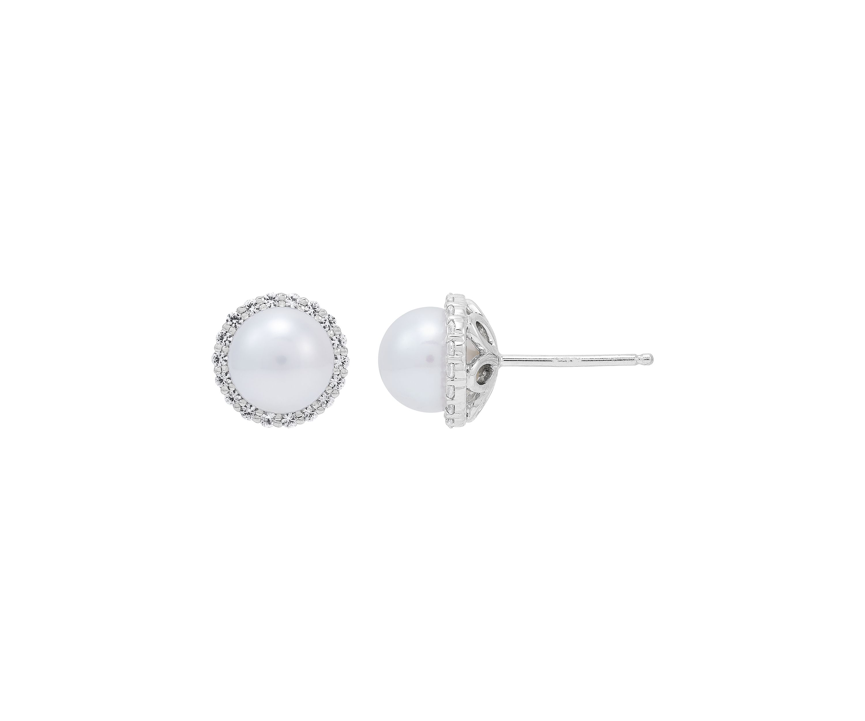 Lab Created 7-7.5 Millimeter Round Freshwater Pearl and Created White Sapphire  Stud Earrings in Sterling Silver