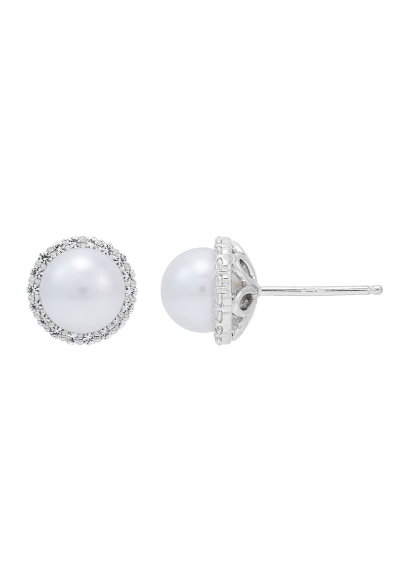 Lab Created 7-7.5 Millimeter Round Freshwater Pearl and Created White Sapphire  Stud Earrings in Sterling Silver