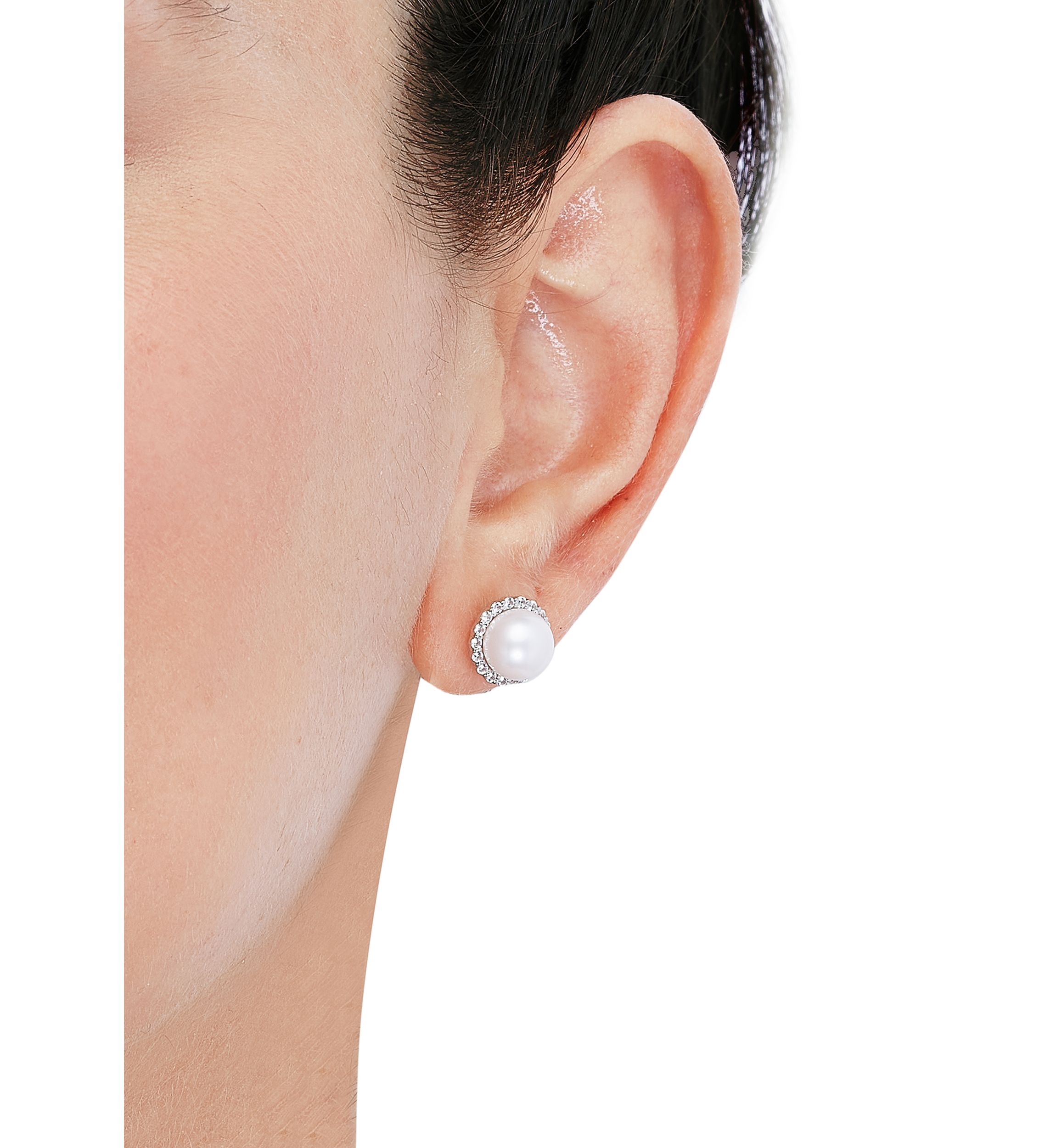 Lab Created 7-7.5 Millimeter Round Freshwater Pearl and Created White Sapphire  Stud Earrings in Sterling Silver