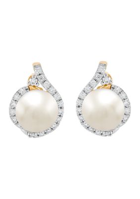 Belk & Co 1/4 ct. t.w. Lab Grown Diamond and 7-7.5 Millimeter Button Pearl Earrings in 10K Yellow Gold