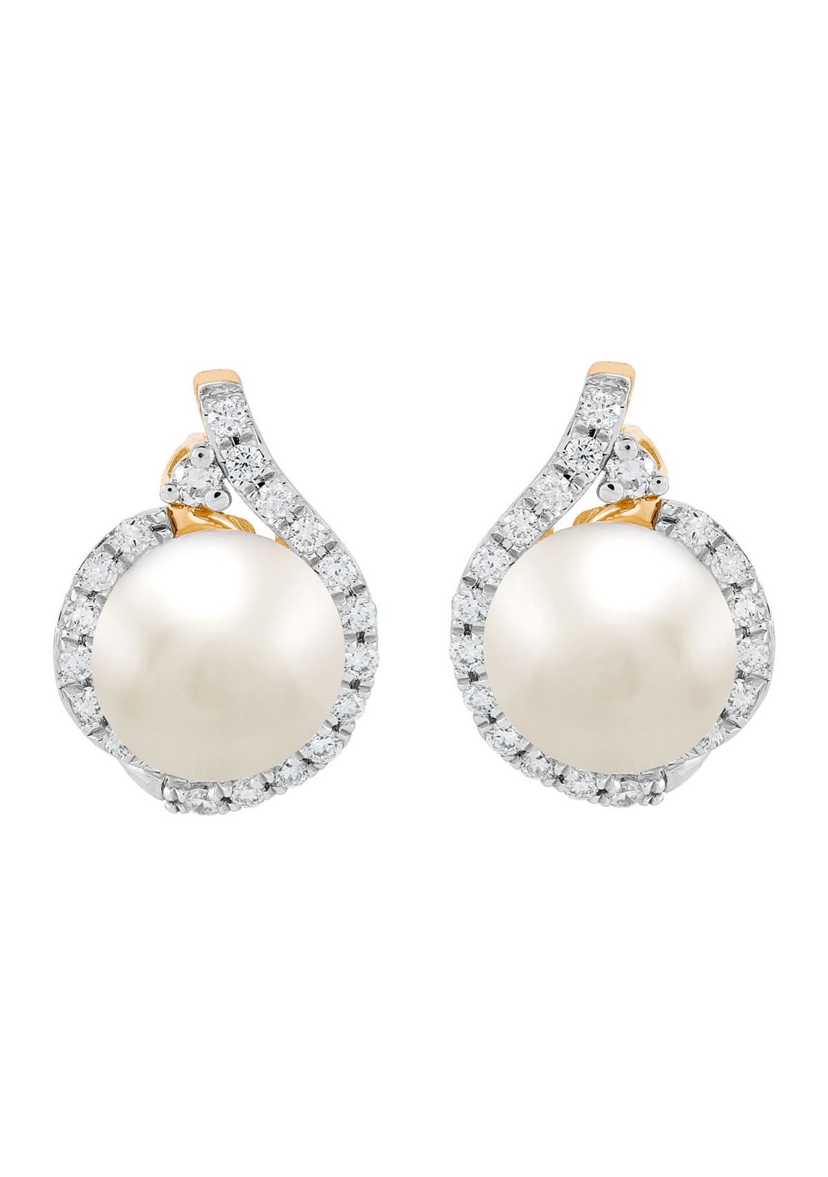 1/4 ct. t.w. Lab Grown Diamond and 7-7.5 Millimeter Button Pearl Earrings in 10K Yellow Gold