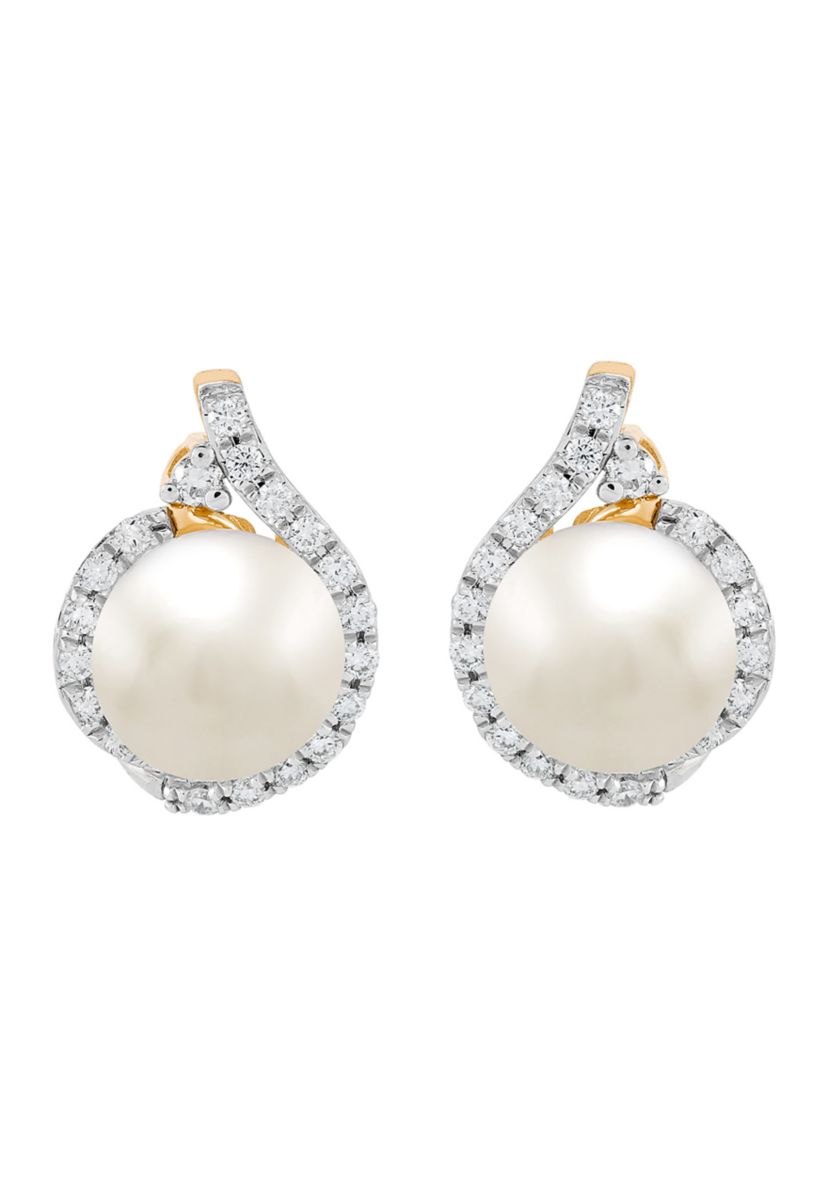 1/4 ct. t.w. Lab Grown Diamond and 7-7.5 Millimeter Button Pearl Earrings in 10K Yellow Gold