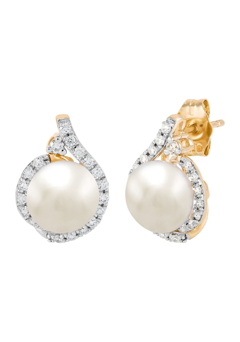 1/4 ct. t.w. Lab Grown Diamond and 7-7.5 Millimeter Button Pearl Earrings in 10K Yellow Gold