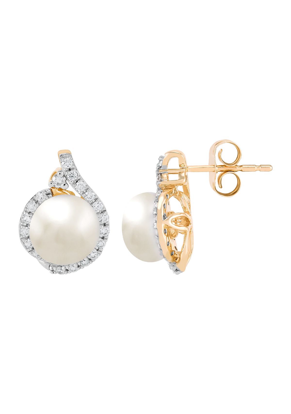 1/4 ct. t.w. Lab Grown Diamond and 7-7.5 Millimeter Button Pearl Earrings in 10K Yellow Gold