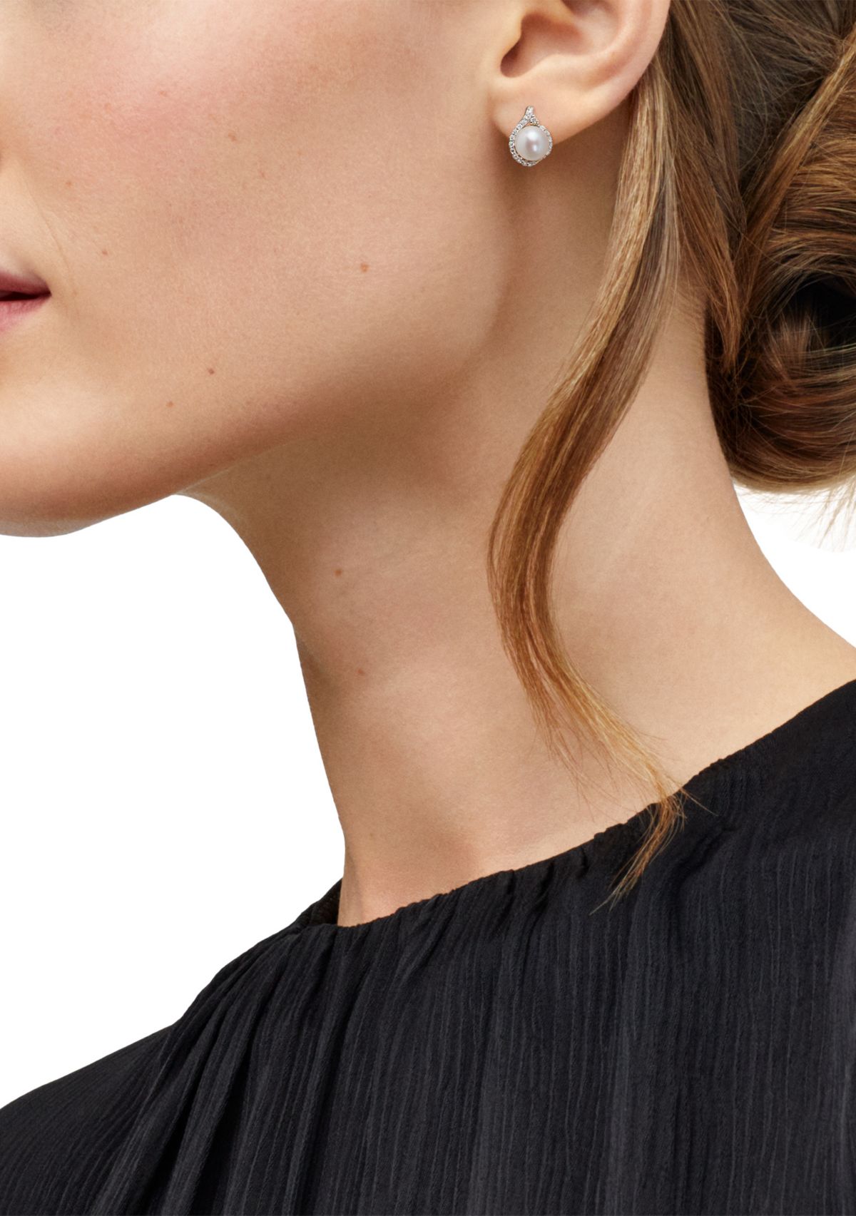 1/4 ct. t.w. Lab Grown Diamond and 7-7.5 Millimeter Button Pearl Earrings in 10K Yellow Gold