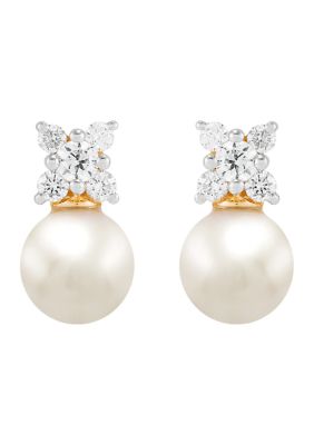 Belk & Co 1/4 ct. t.w. Lab Grown Diamond and 6.5-7 Millimeter Round Pearl Earrings in 10K Yellow Gold