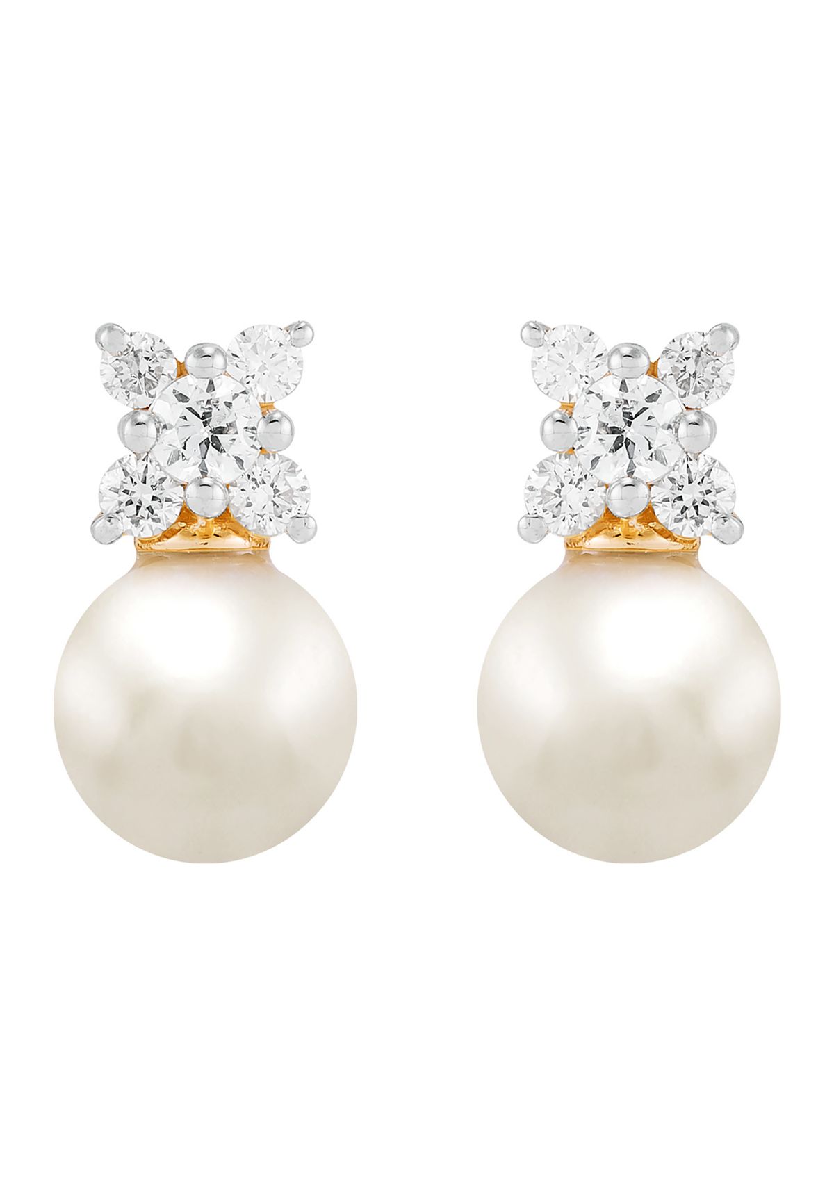  1/4 ct. t.w. Lab Grown Diamond and 6.5-7 Millimeter Round Pearl Earrings in 10K Yellow Gold