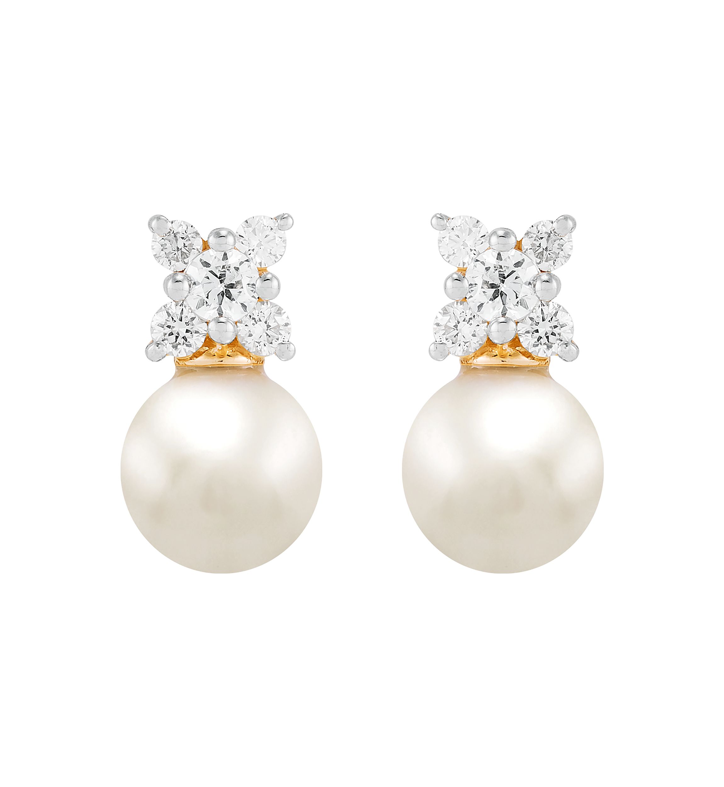  1/4 ct. t.w. Lab Grown Diamond and 6.5-7 Millimeter Round Pearl Earrings in 10K Yellow Gold