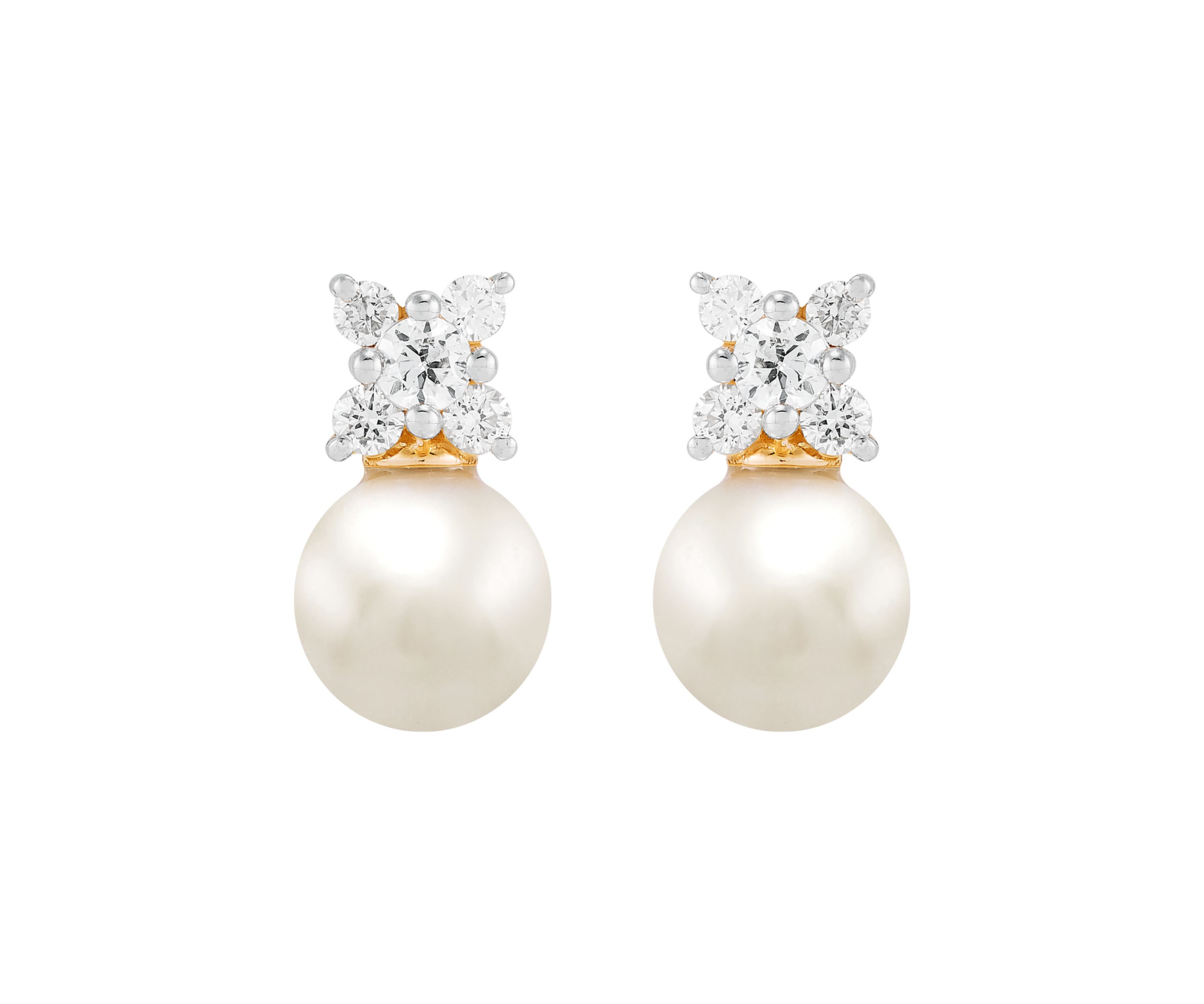  1/4 ct. t.w. Lab Grown Diamond and 6.5-7 Millimeter Round Pearl Earrings in 10K Yellow Gold