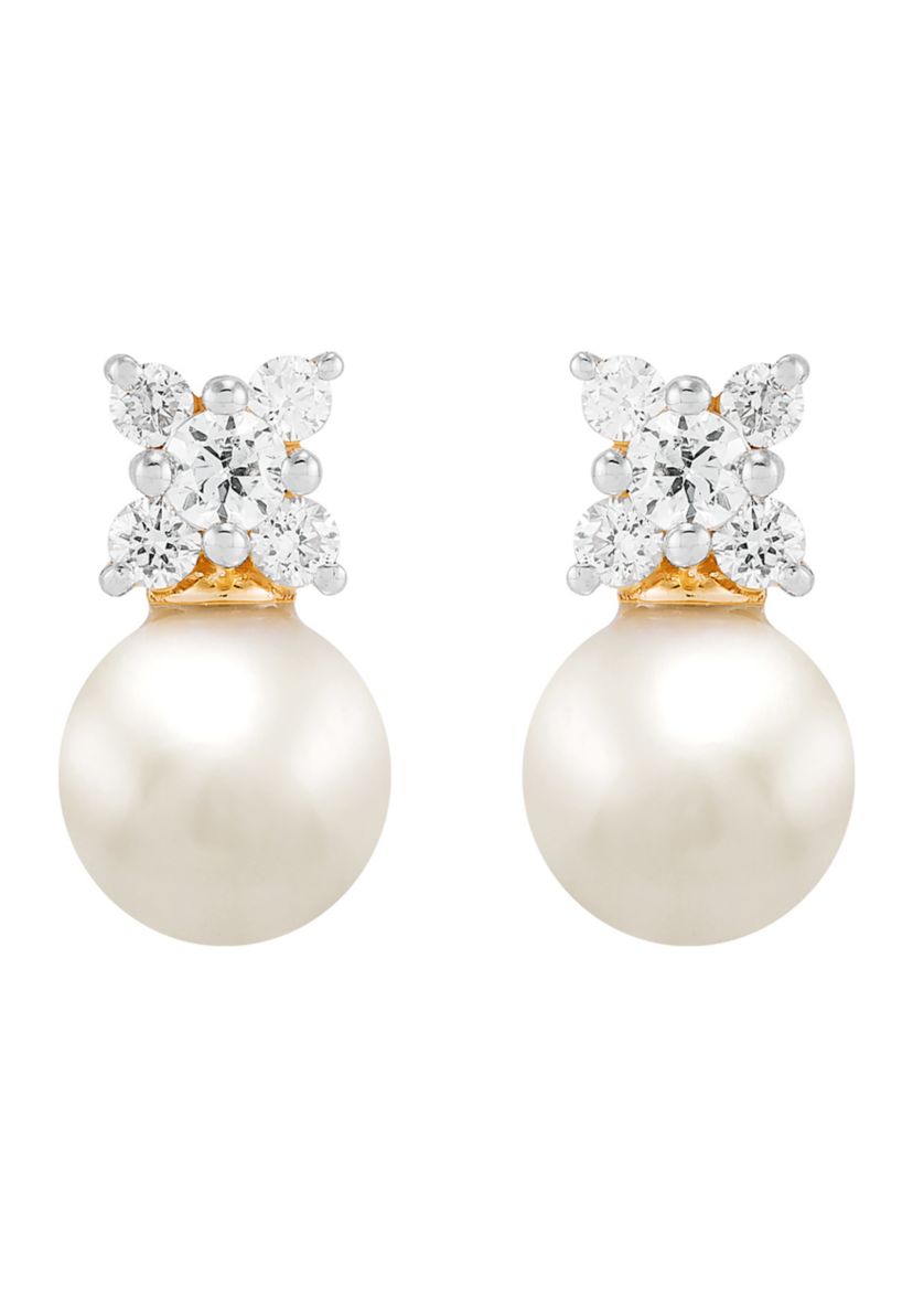  1/4 ct. t.w. Lab Grown Diamond and 6.5-7 Millimeter Round Pearl Earrings in 10K Yellow Gold