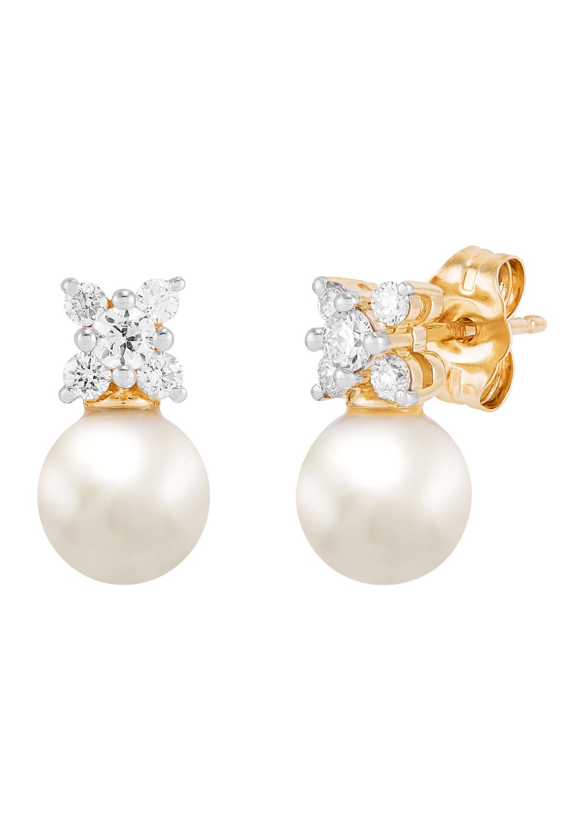  1/4 ct. t.w. Lab Grown Diamond and 6.5-7 Millimeter Round Pearl Earrings in 10K Yellow Gold
