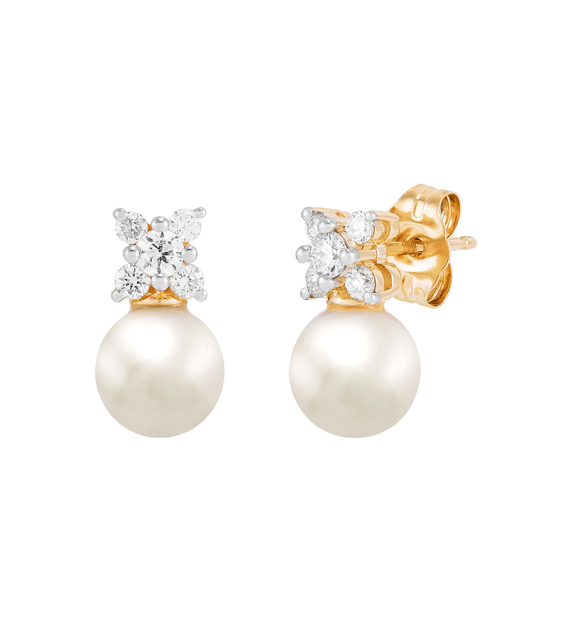  1/4 ct. t.w. Lab Grown Diamond and 6.5-7 Millimeter Round Pearl Earrings in 10K Yellow Gold