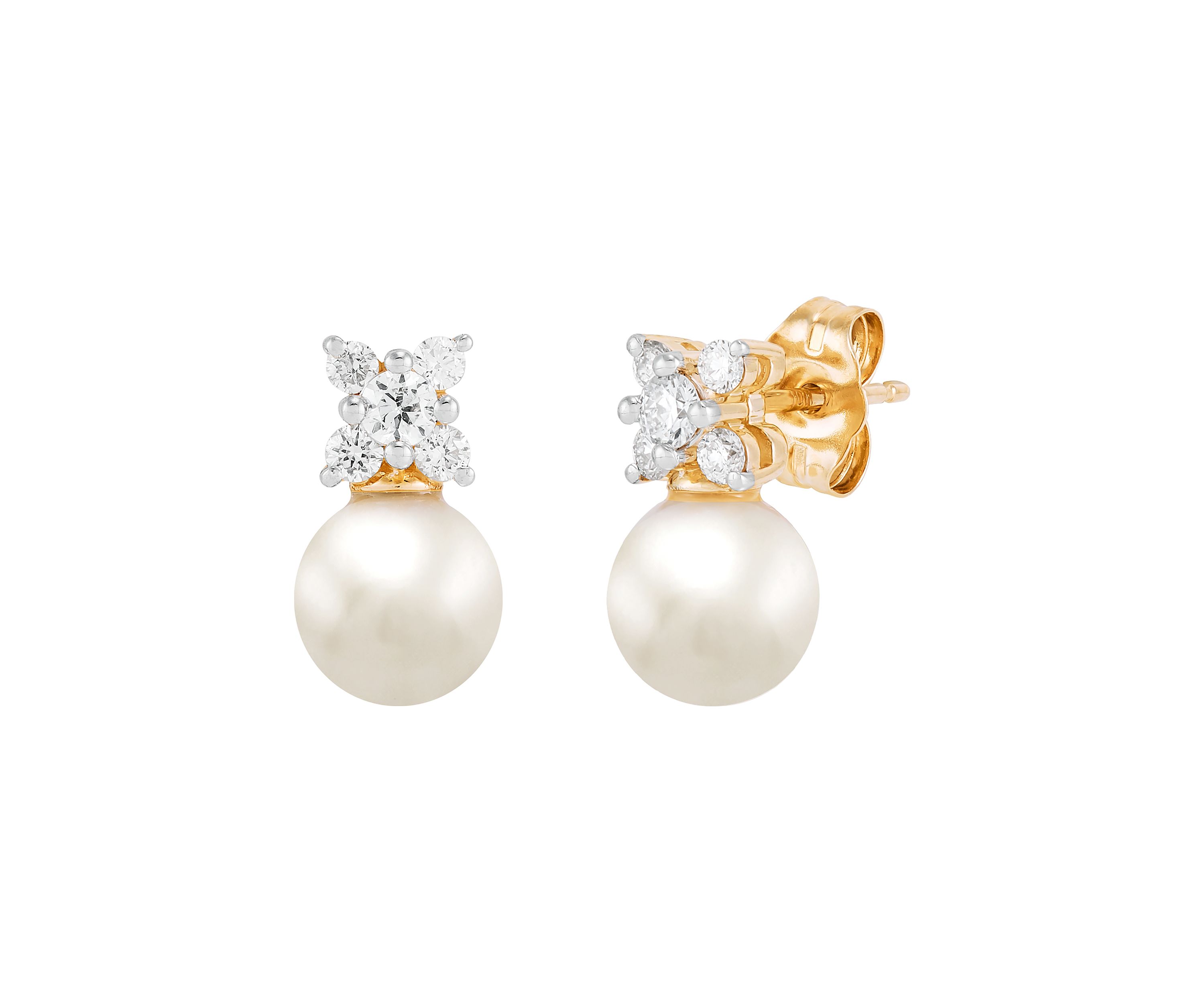  1/4 ct. t.w. Lab Grown Diamond and 6.5-7 Millimeter Round Pearl Earrings in 10K Yellow Gold