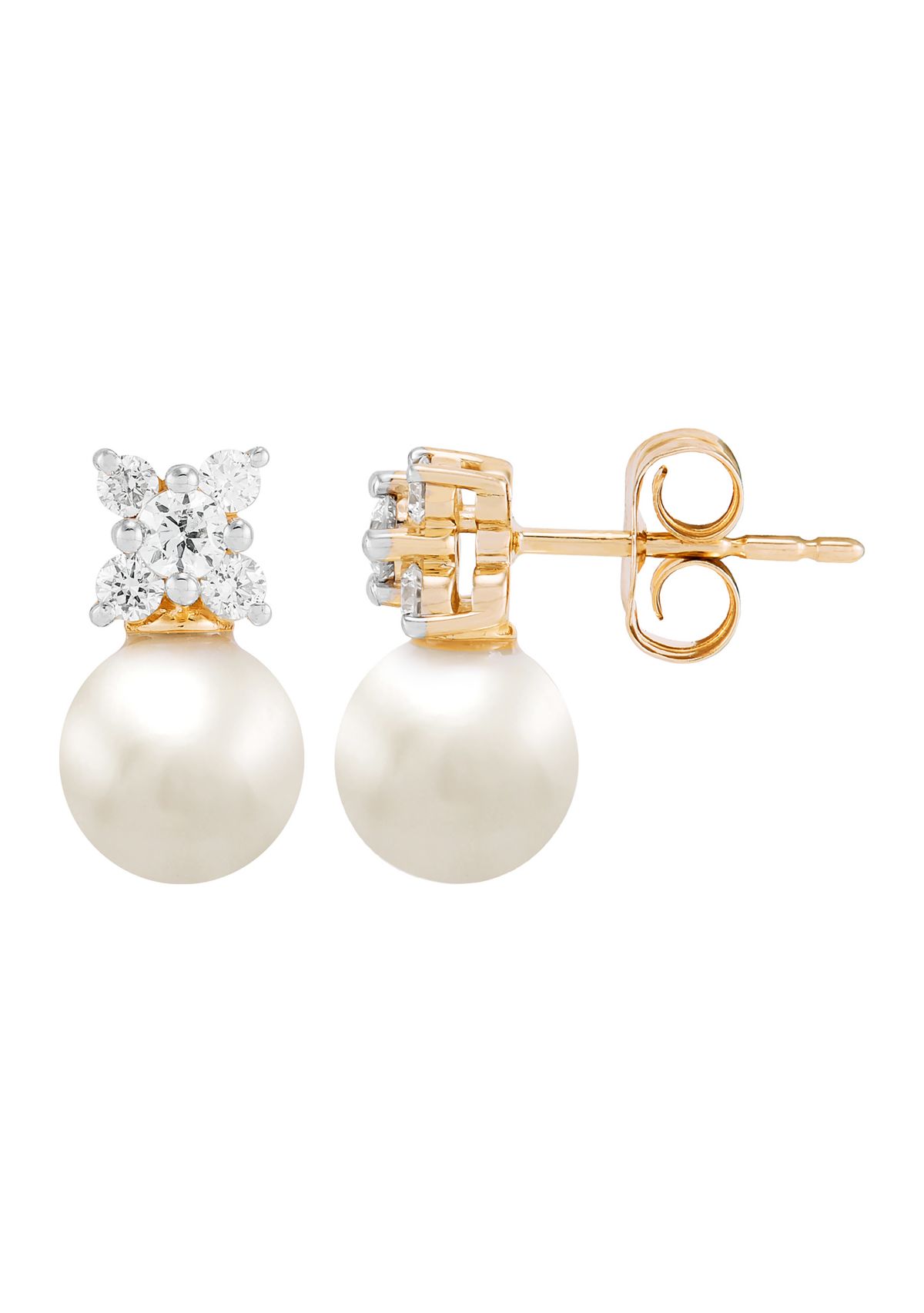  1/4 ct. t.w. Lab Grown Diamond and 6.5-7 Millimeter Round Pearl Earrings in 10K Yellow Gold