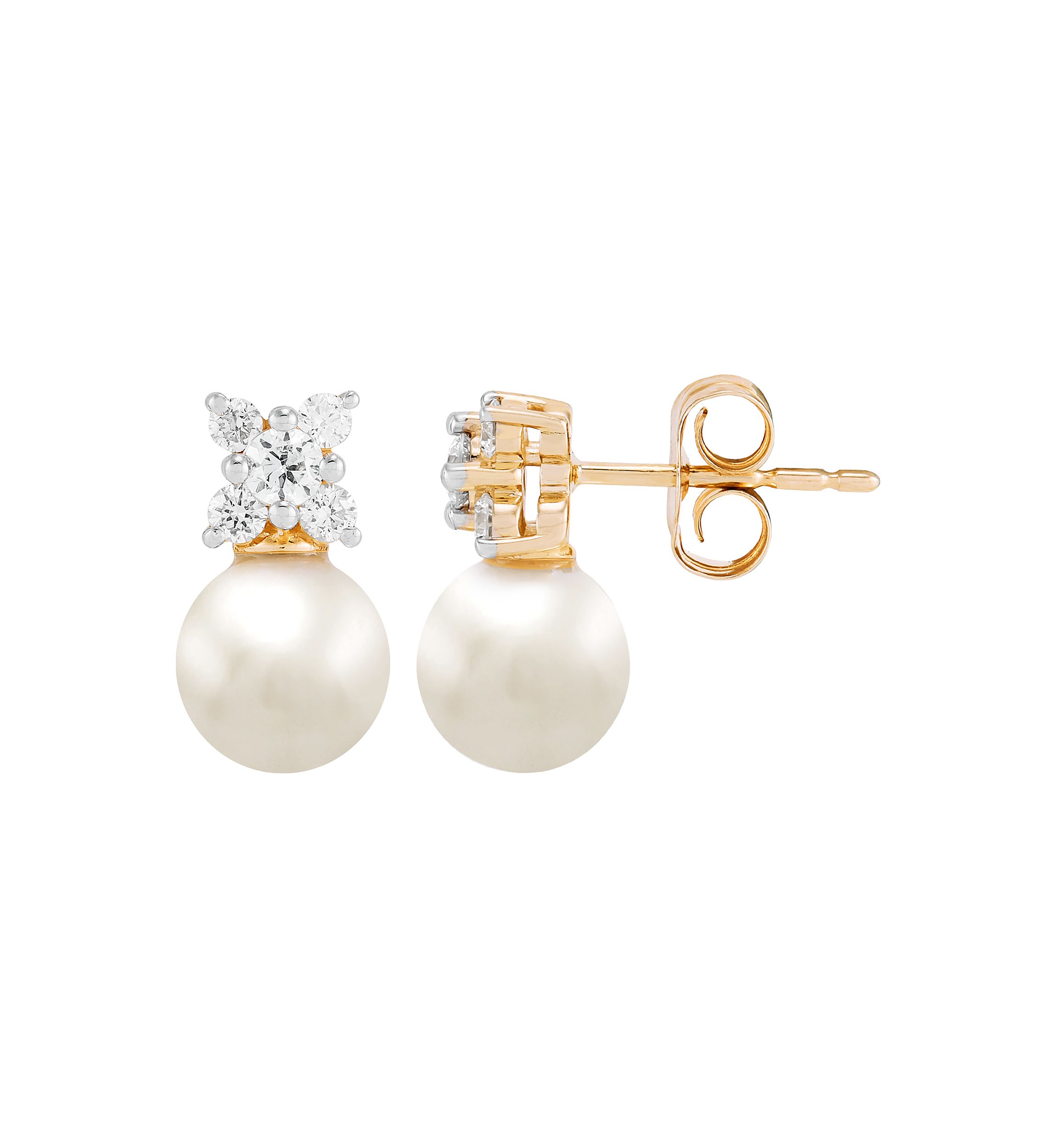  1/4 ct. t.w. Lab Grown Diamond and 6.5-7 Millimeter Round Pearl Earrings in 10K Yellow Gold