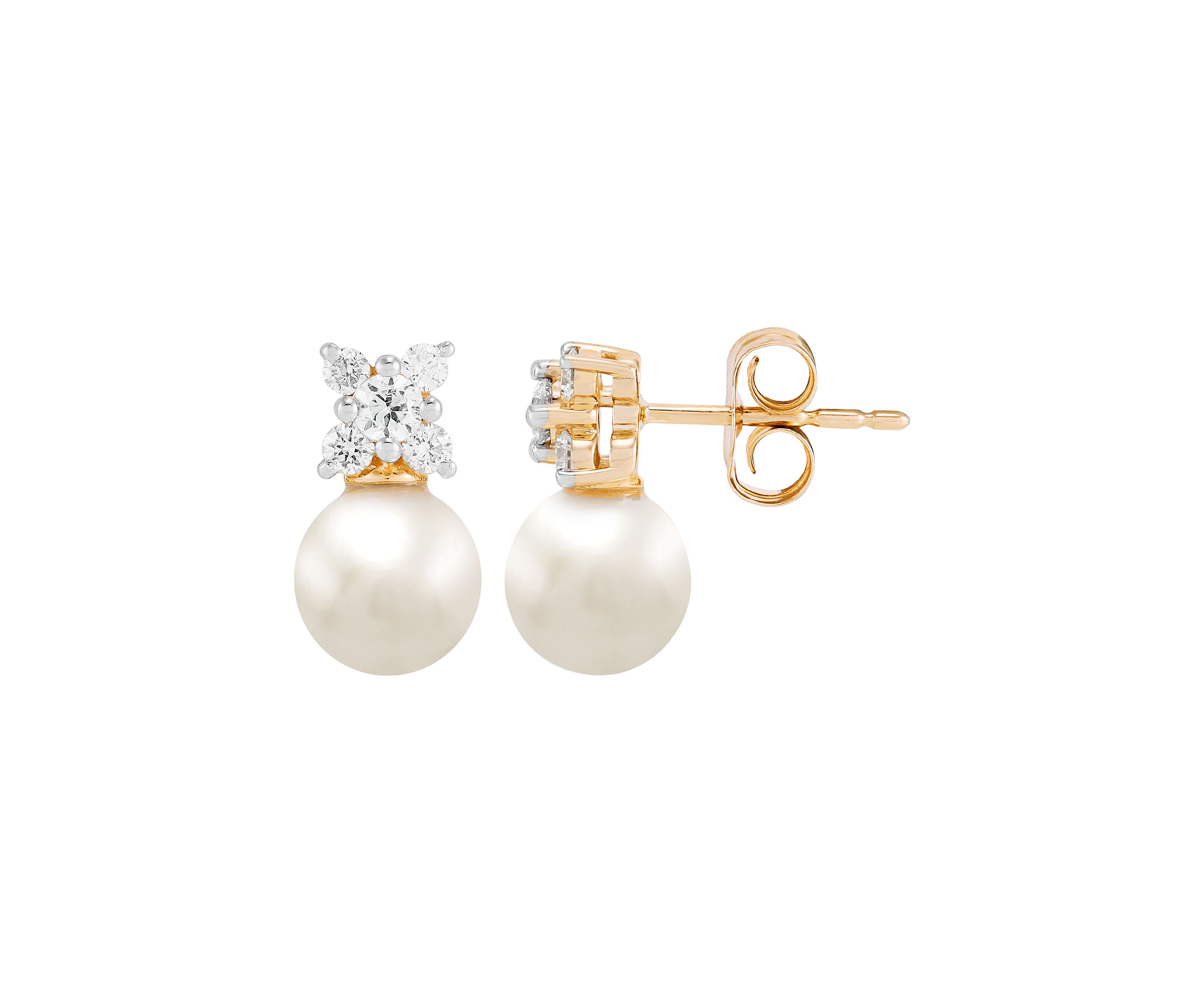  1/4 ct. t.w. Lab Grown Diamond and 6.5-7 Millimeter Round Pearl Earrings in 10K Yellow Gold