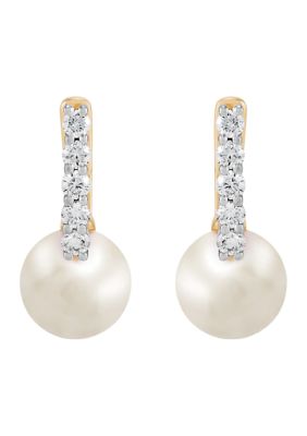 Belk & Co Pearl and 1/4 ct. t.w. Lab Grown Diamond Hoop Earrings in 10K Yellow Gold