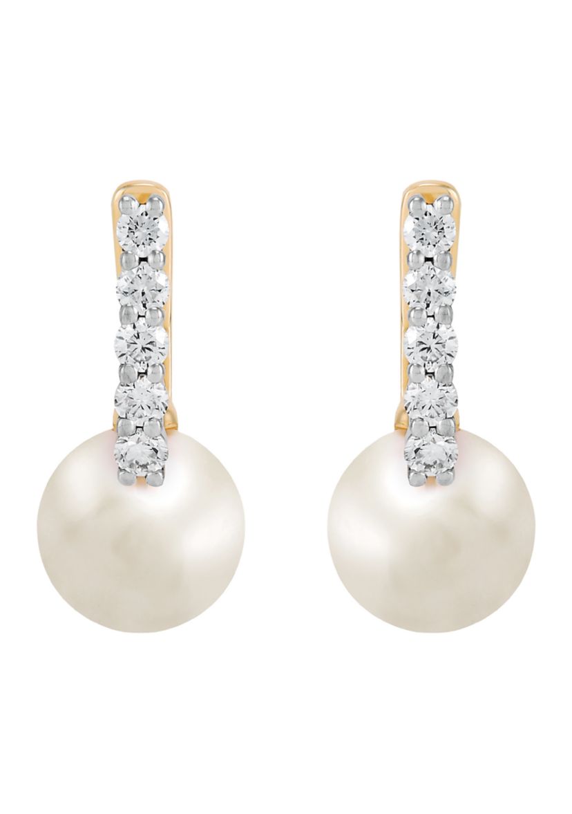 Pearl and 1/4 ct. t.w. Lab Grown Diamond Hoop Earrings in 10K Yellow Gold