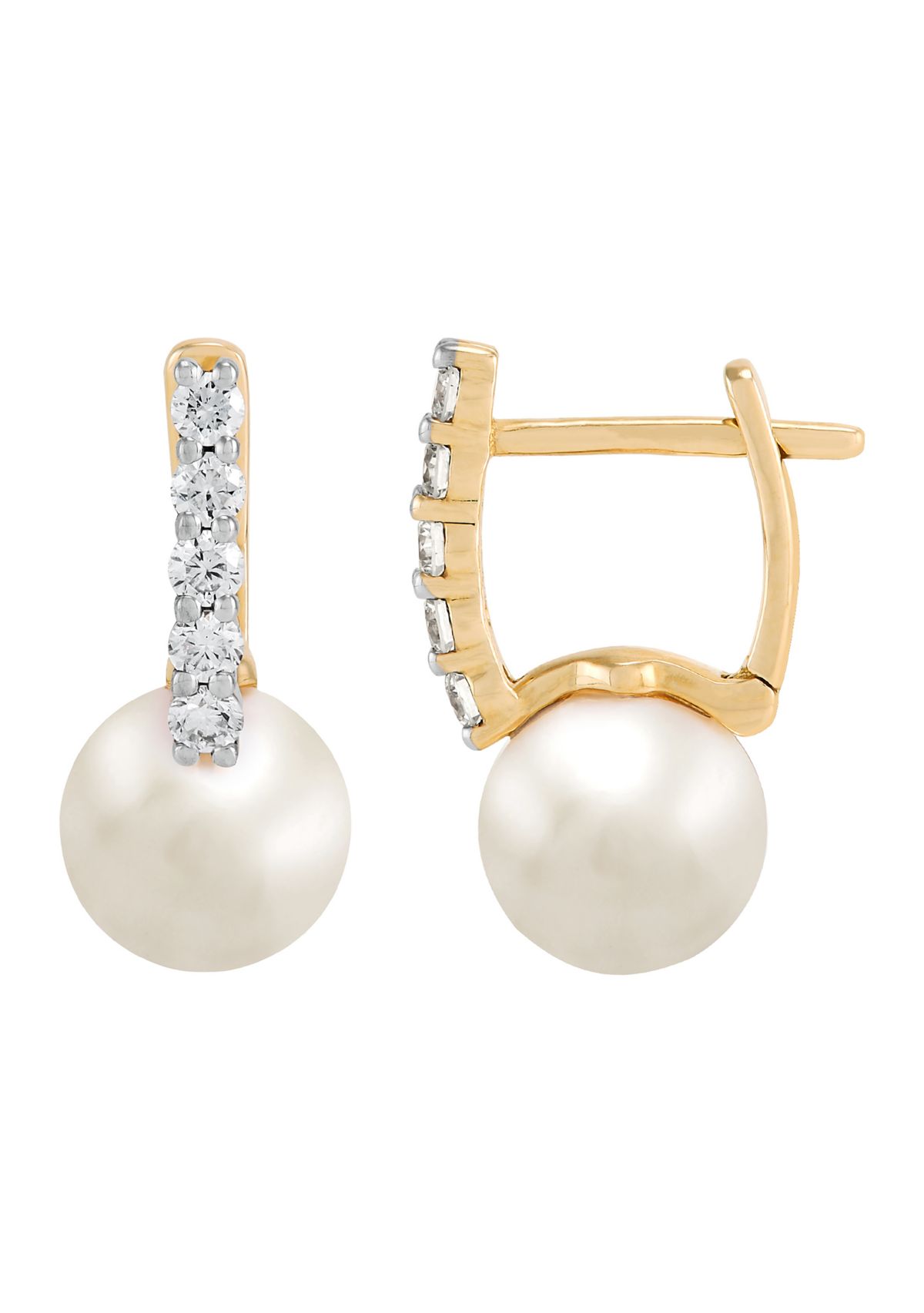 Pearl and 1/4 ct. t.w. Lab Grown Diamond Hoop Earrings in 10K Yellow Gold
