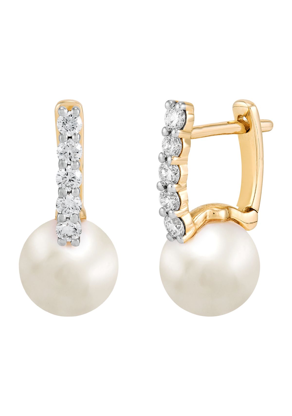 Pearl and 1/4 ct. t.w. Lab Grown Diamond Hoop Earrings in 10K Yellow Gold