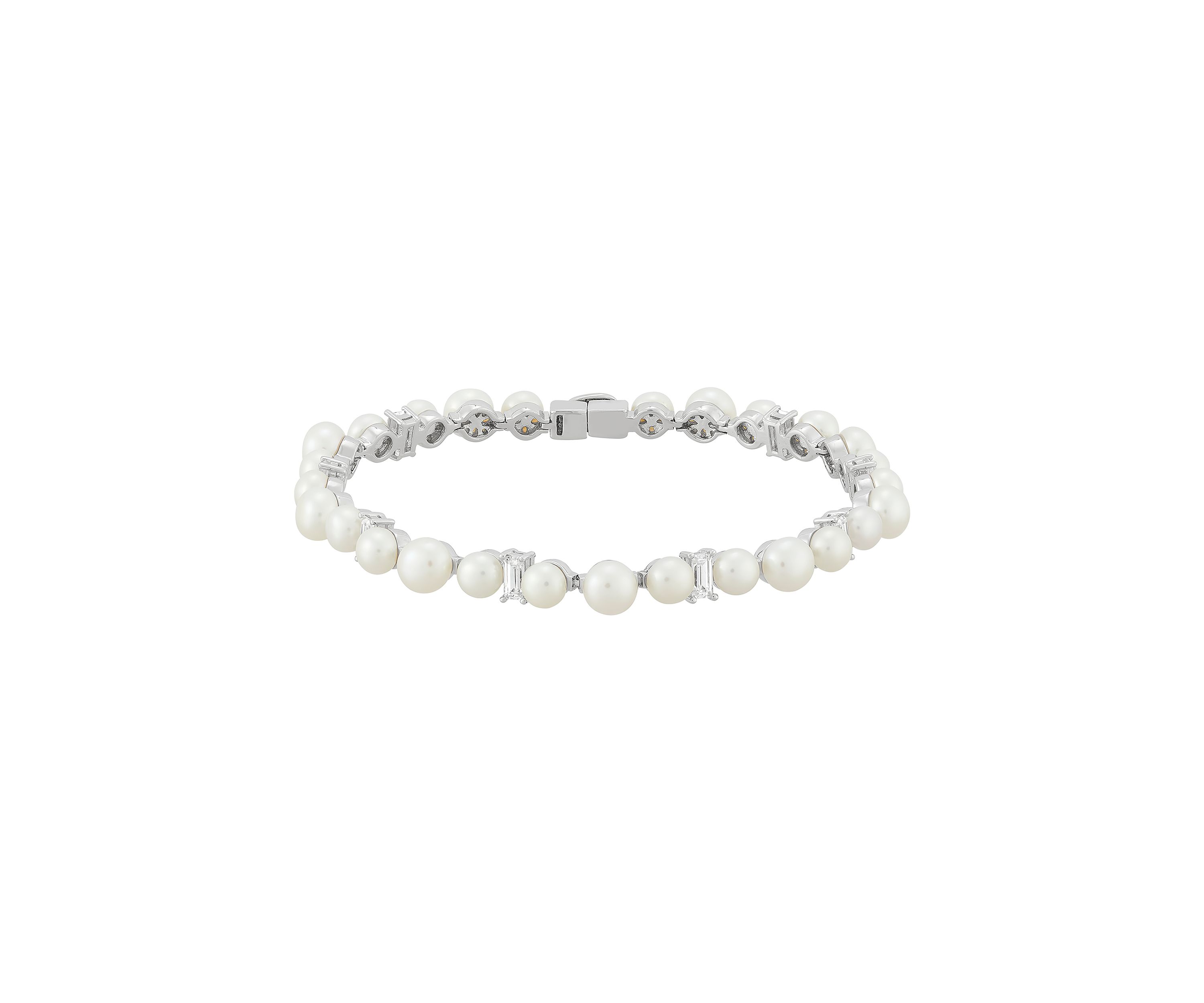 Pearl and Created White Sapphire Link Bracelet in Sterling Silver