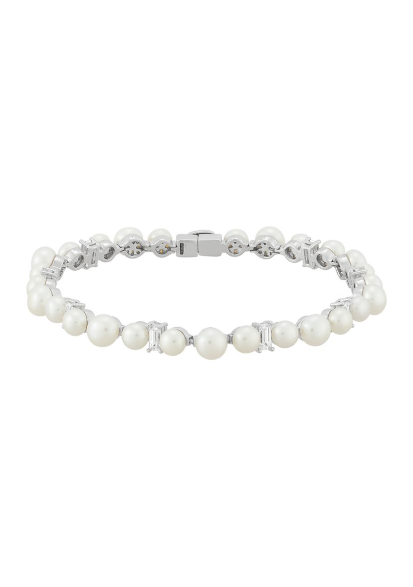 Pearl and Created White Sapphire Link Bracelet in Sterling Silver