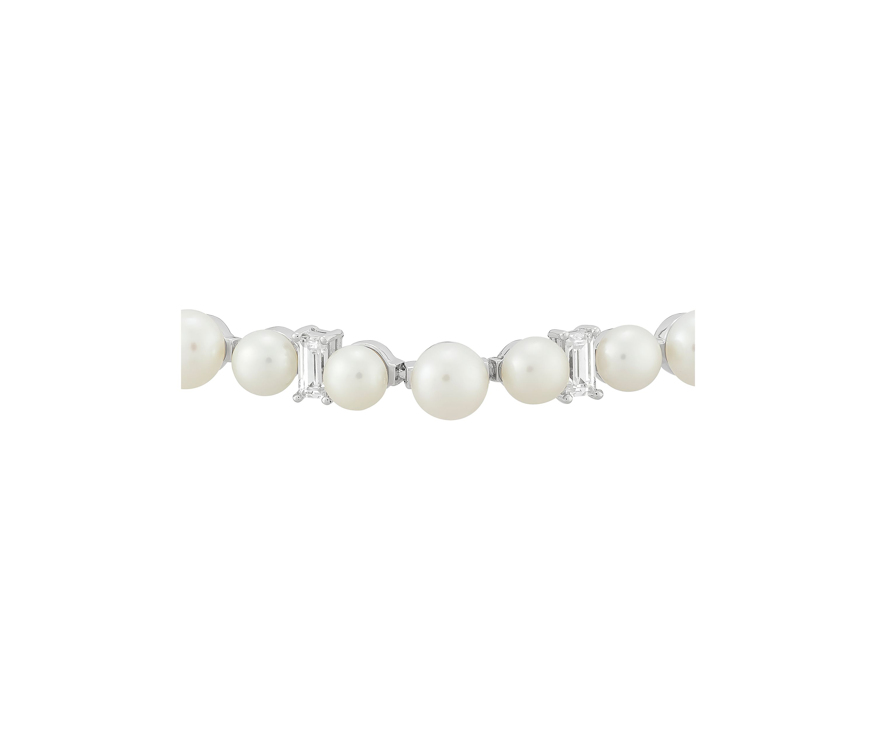 Pearl and Created White Sapphire Link Bracelet in Sterling Silver