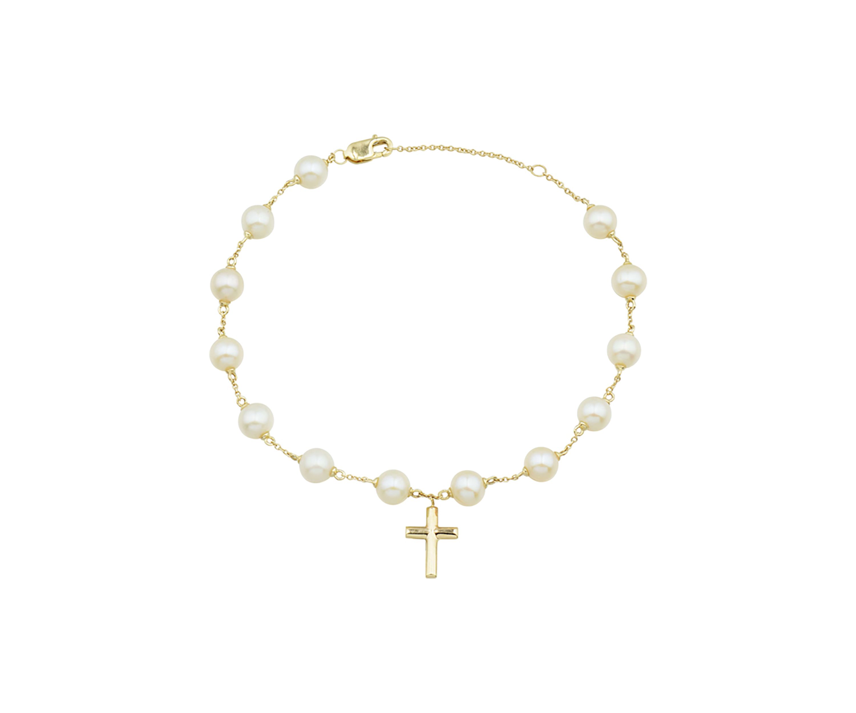 5.5 Millimeter Round Pearl Cross Bracelet in 10K Yellow Gold