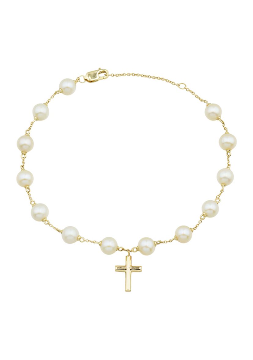 5.5 Millimeter Round Pearl Cross Bracelet in 10K Yellow Gold