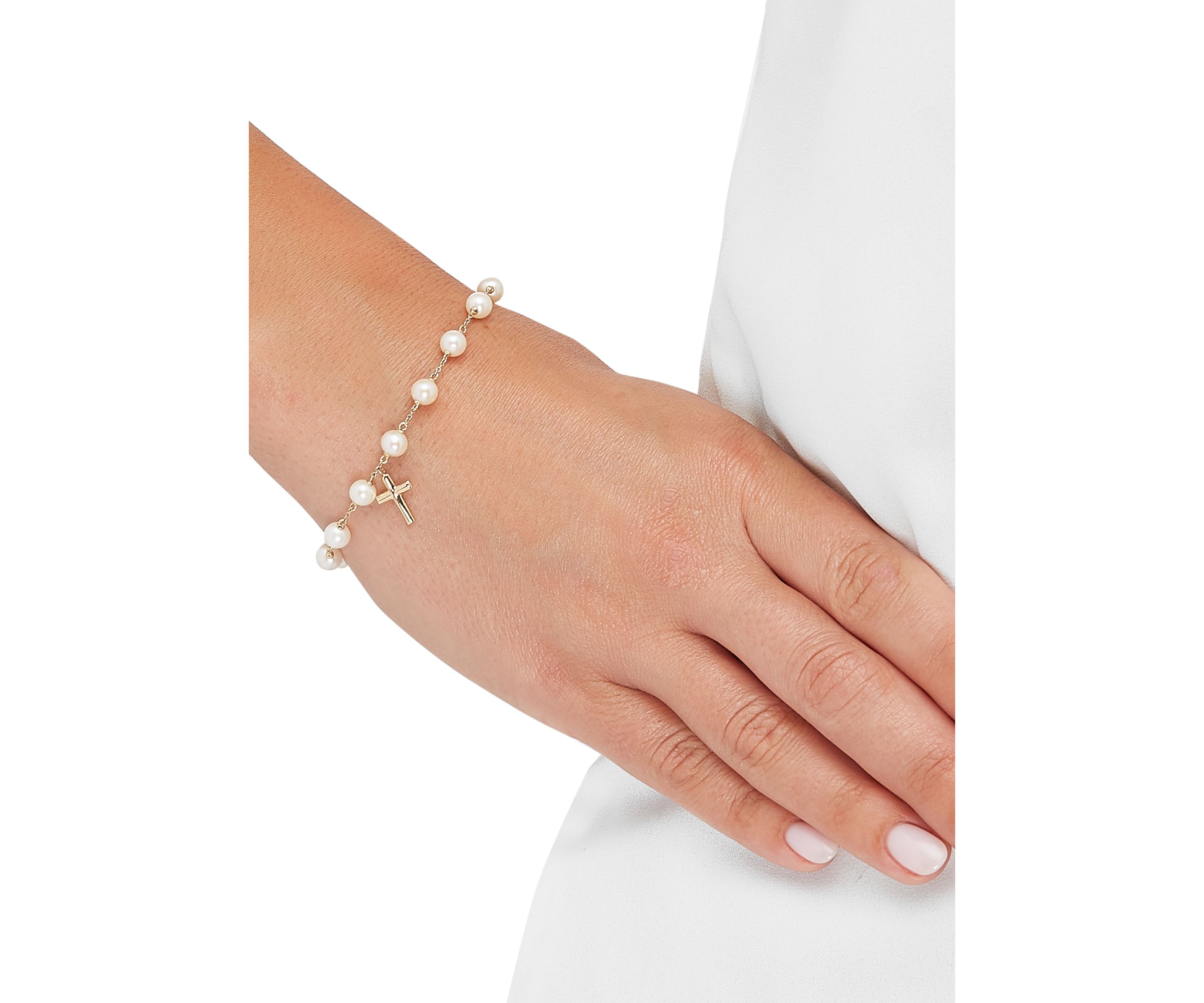 5.5 Millimeter Round Pearl Cross Bracelet in 10K Yellow Gold