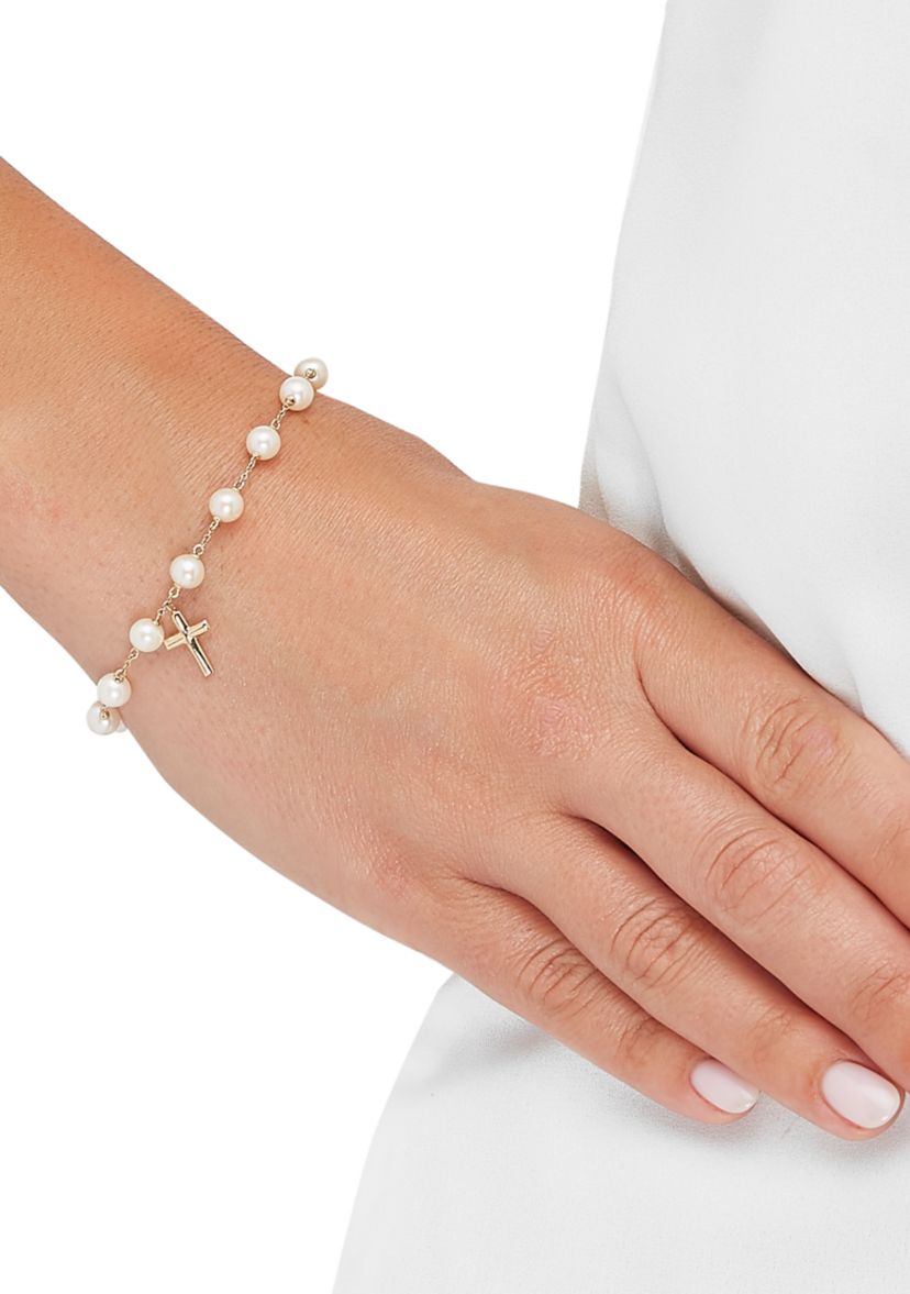 5.5 Millimeter Round Pearl Cross Bracelet in 10K Yellow Gold
