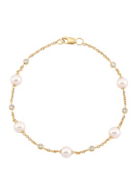 Belk & Co Pearl and 1/5 ct. t.w. Lab Grown Diamond Bracelet in 10K Yellow Gold, 7.25
