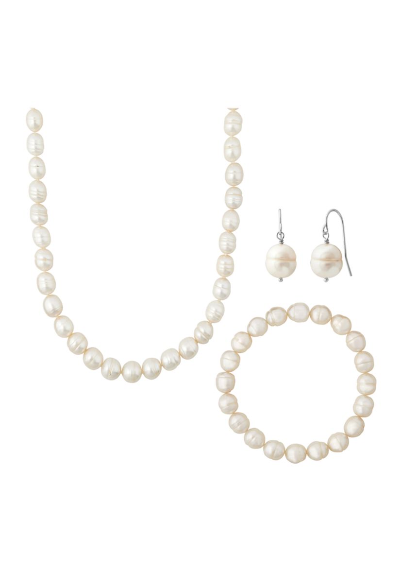 White Ringed Oval Pearl Jewelry Set in Sterling Silver