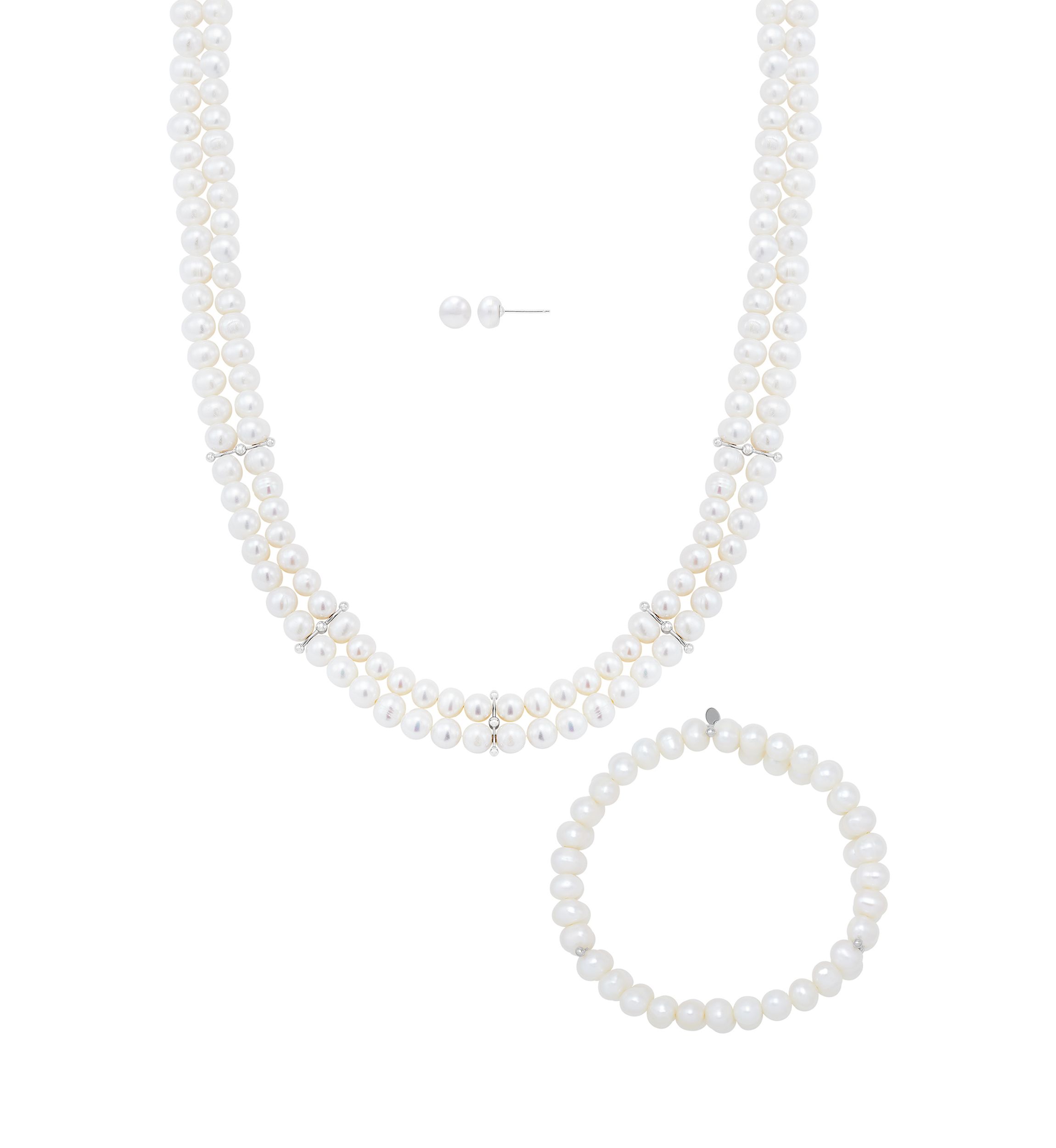 Freshwater Pearl Earrings, Necklace and Bracelet Set in Sterling Silver