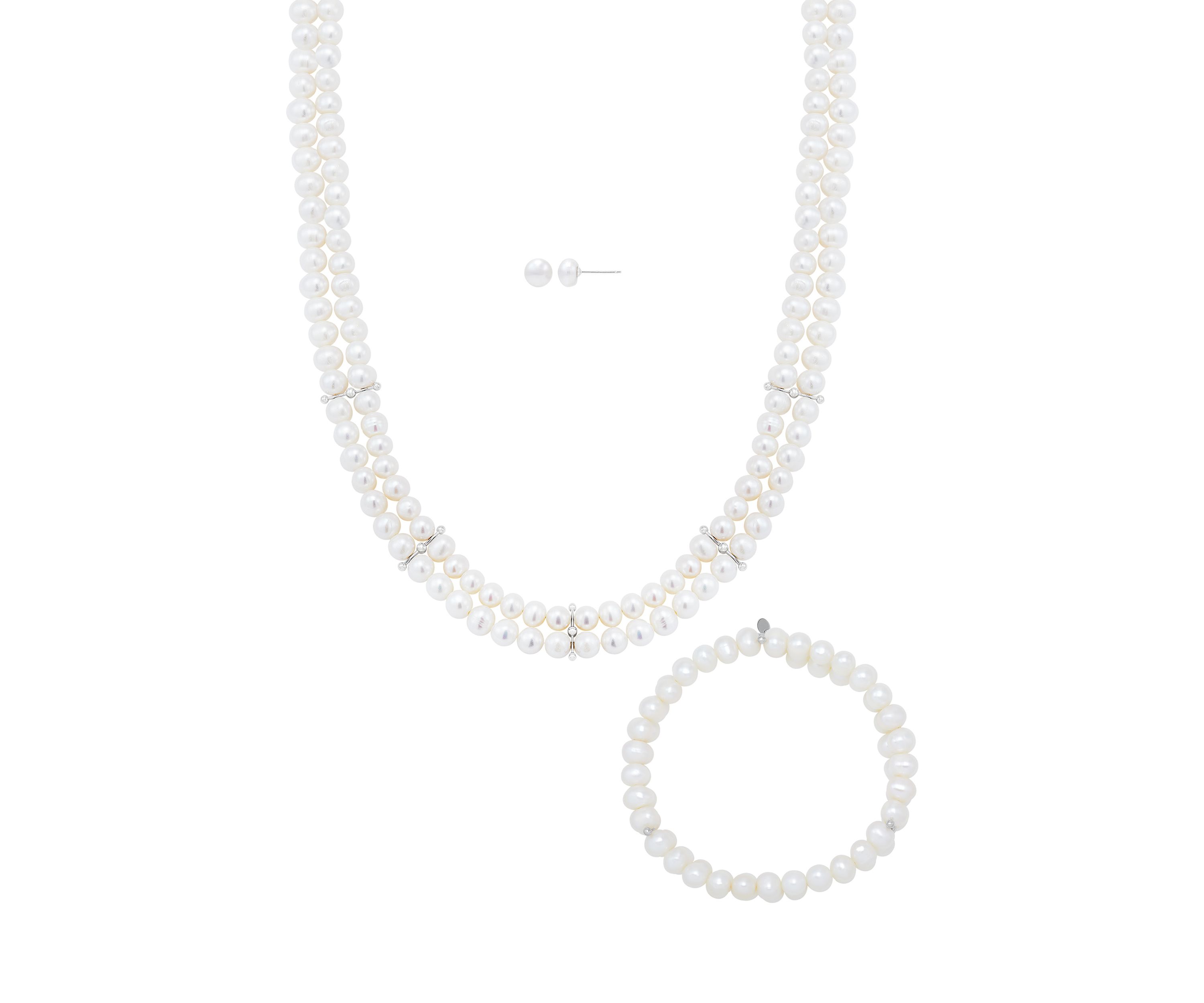 Freshwater Pearl Earrings, Necklace and Bracelet Set in Sterling Silver