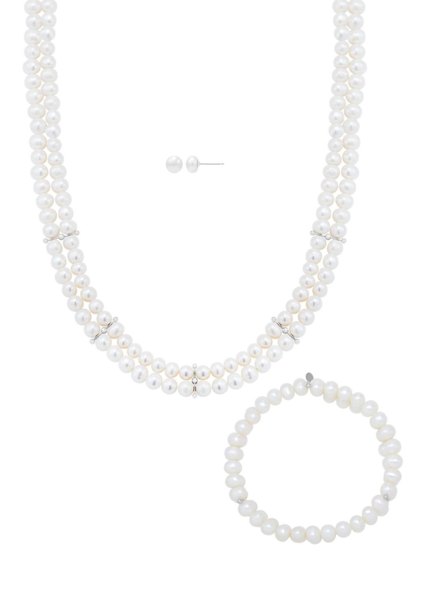 Freshwater Pearl Earrings, Necklace and Bracelet Set in Sterling Silver