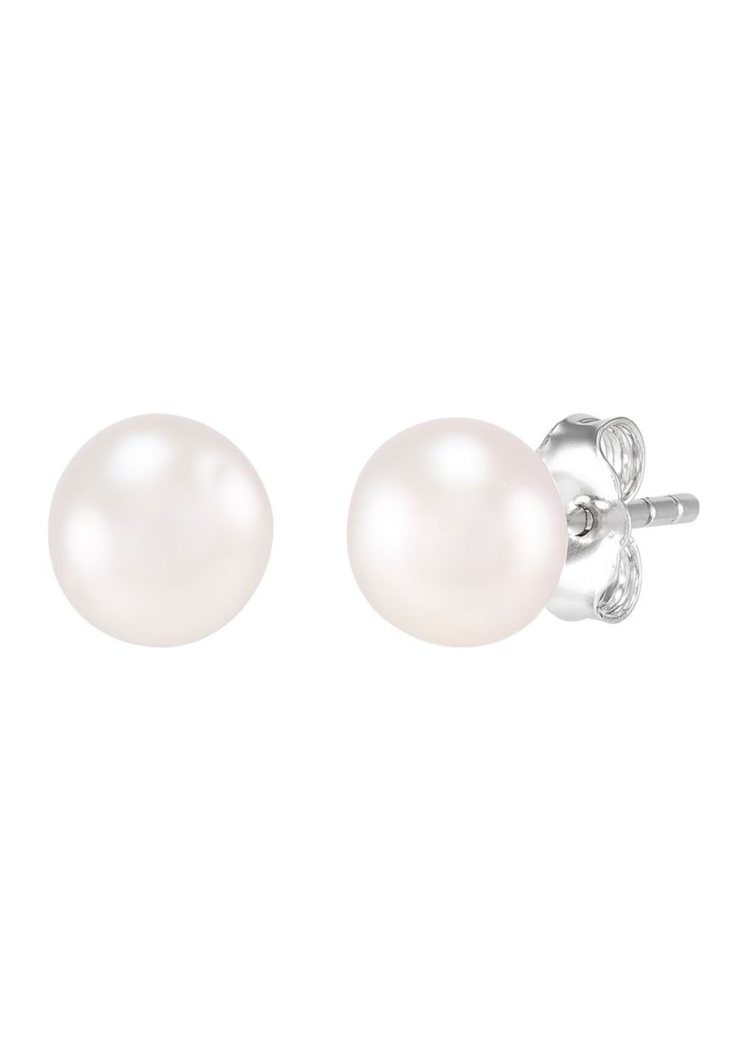 7-7.5 Millimeter Pearl, Lab Grown White Sapphire and Ball Stud Earring Set in Sterling Silver and 3K White Gold 