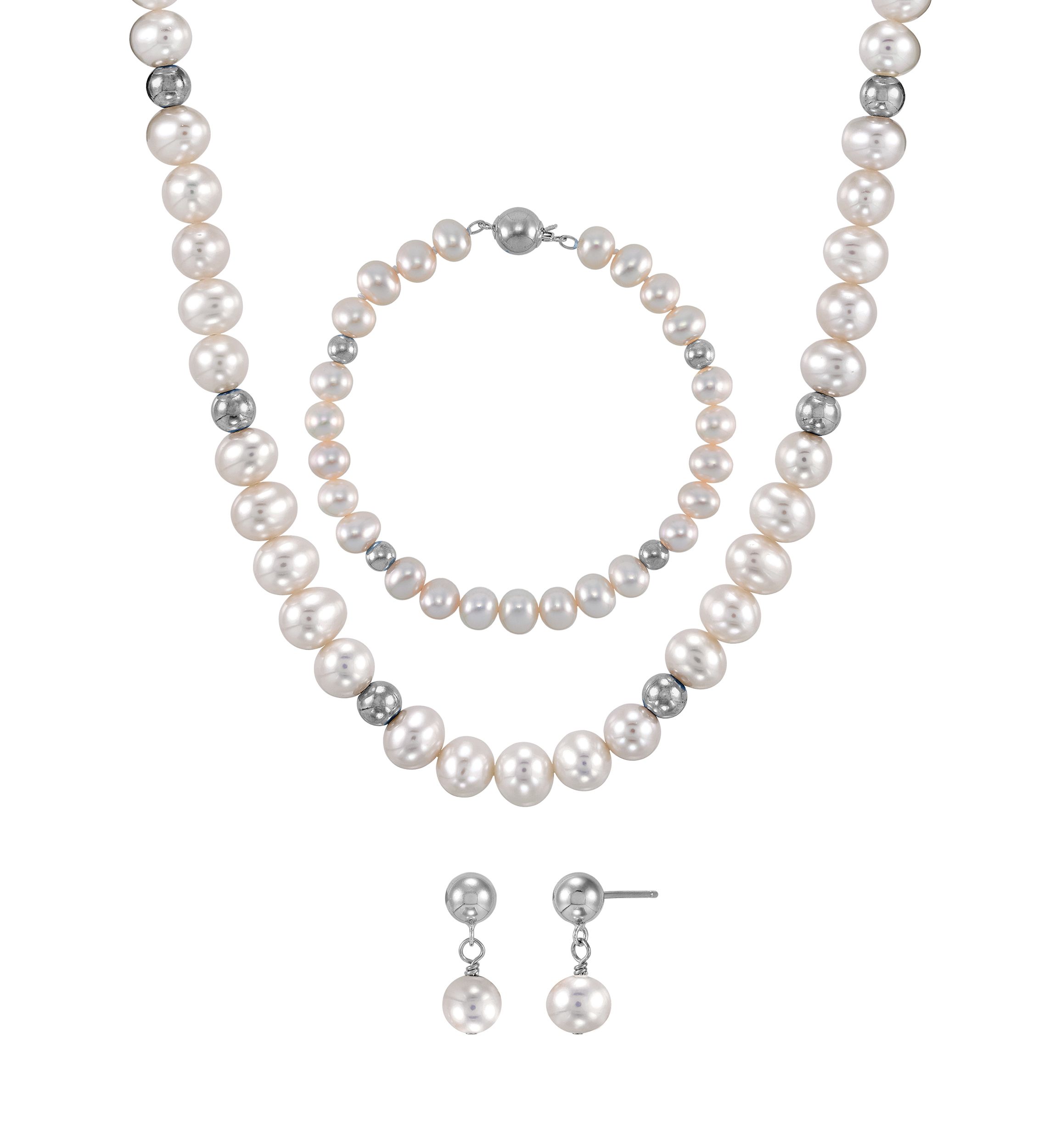Pearl Necklace and Bracelet and Earrings Set in Sterling Silver