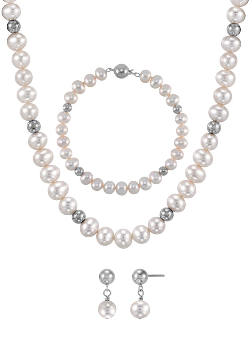 Pearl Necklace and Bracelet and Earrings Set in Sterling Silver