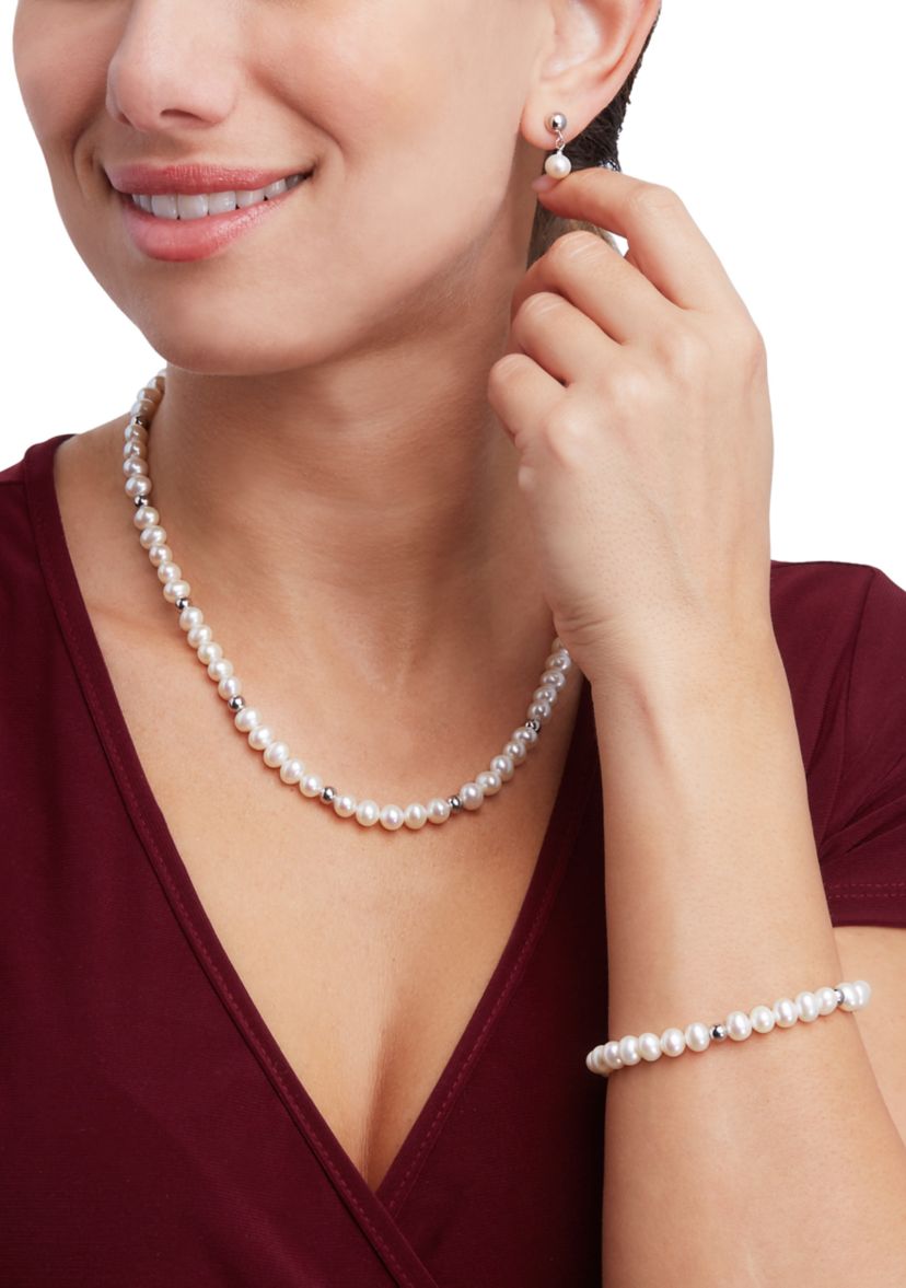 Pearl Necklace and Bracelet and Earrings Set in Sterling Silver