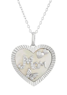 Belk & Co Mother Of Pearl and Cubic Zirconia Pendant Necklace with 18" Cable Chain in Sterling Silver, 18 in