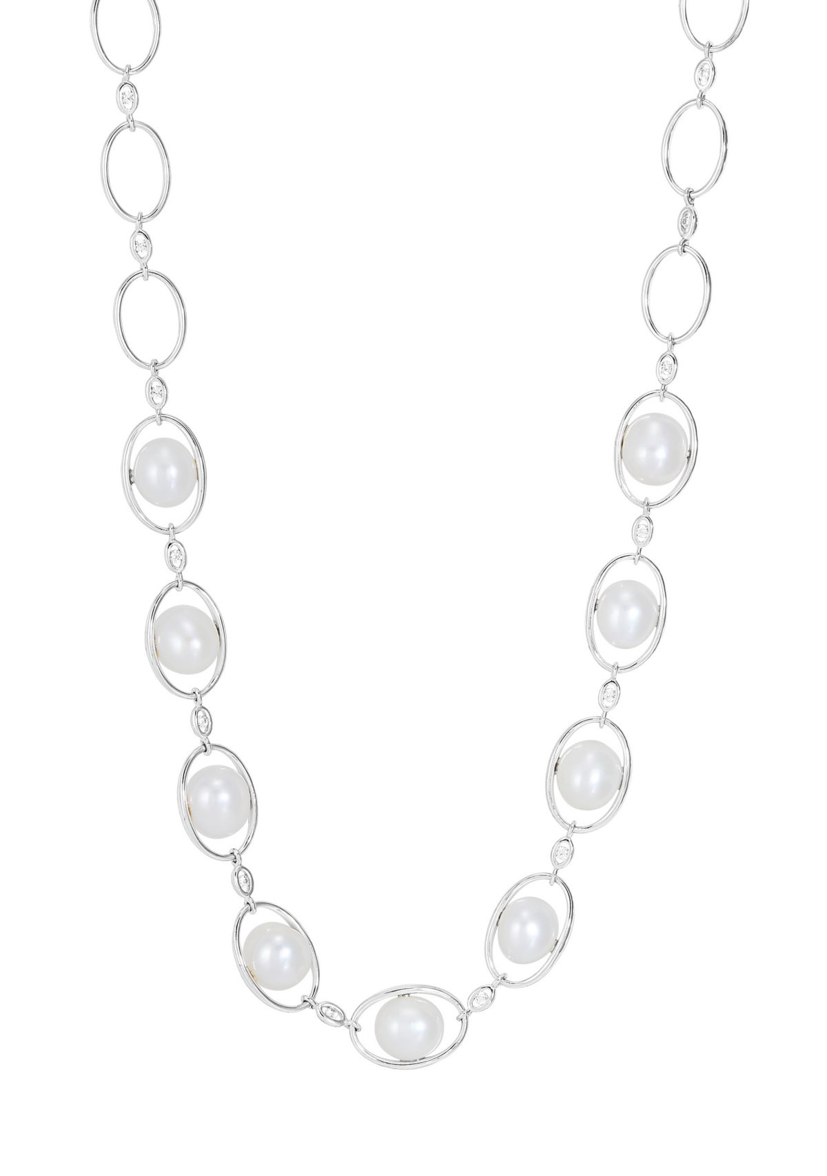 Lab Created 8-8.5 Millimeter Oval Pearl and 1.5 Millimeter Created White Sapphire Necklace in Sterling Silver