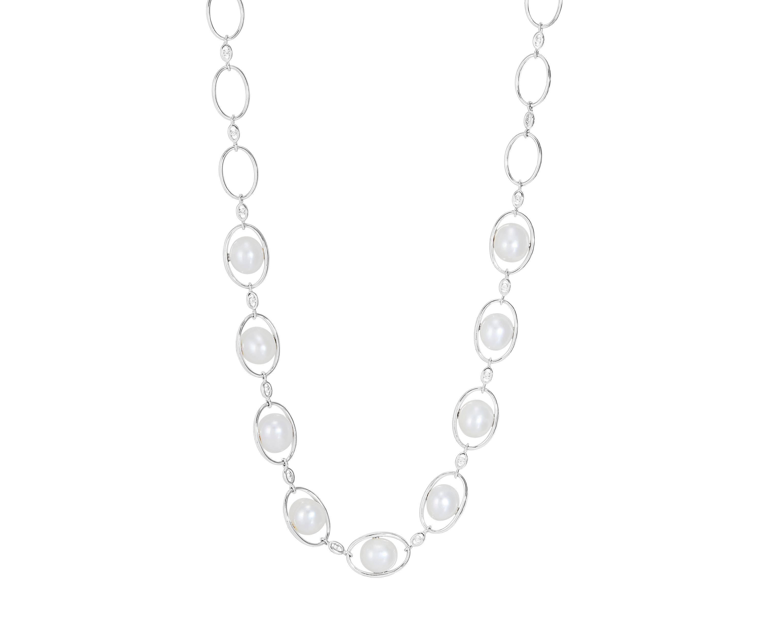 Lab Created 8-8.5 Millimeter Oval Pearl and 1.5 Millimeter Created White Sapphire Necklace in Sterling Silver