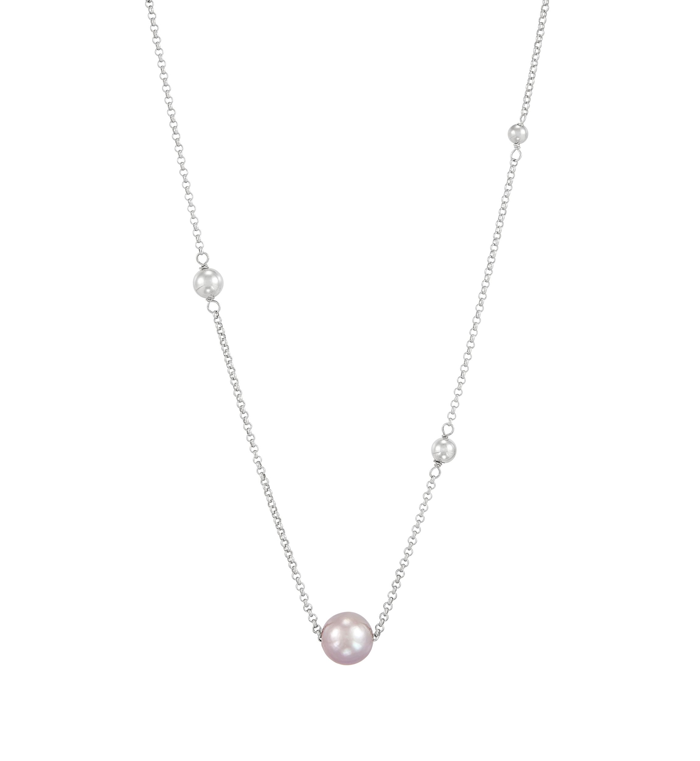 Natural Ming Pearl Station Necklace in Sterling Silver