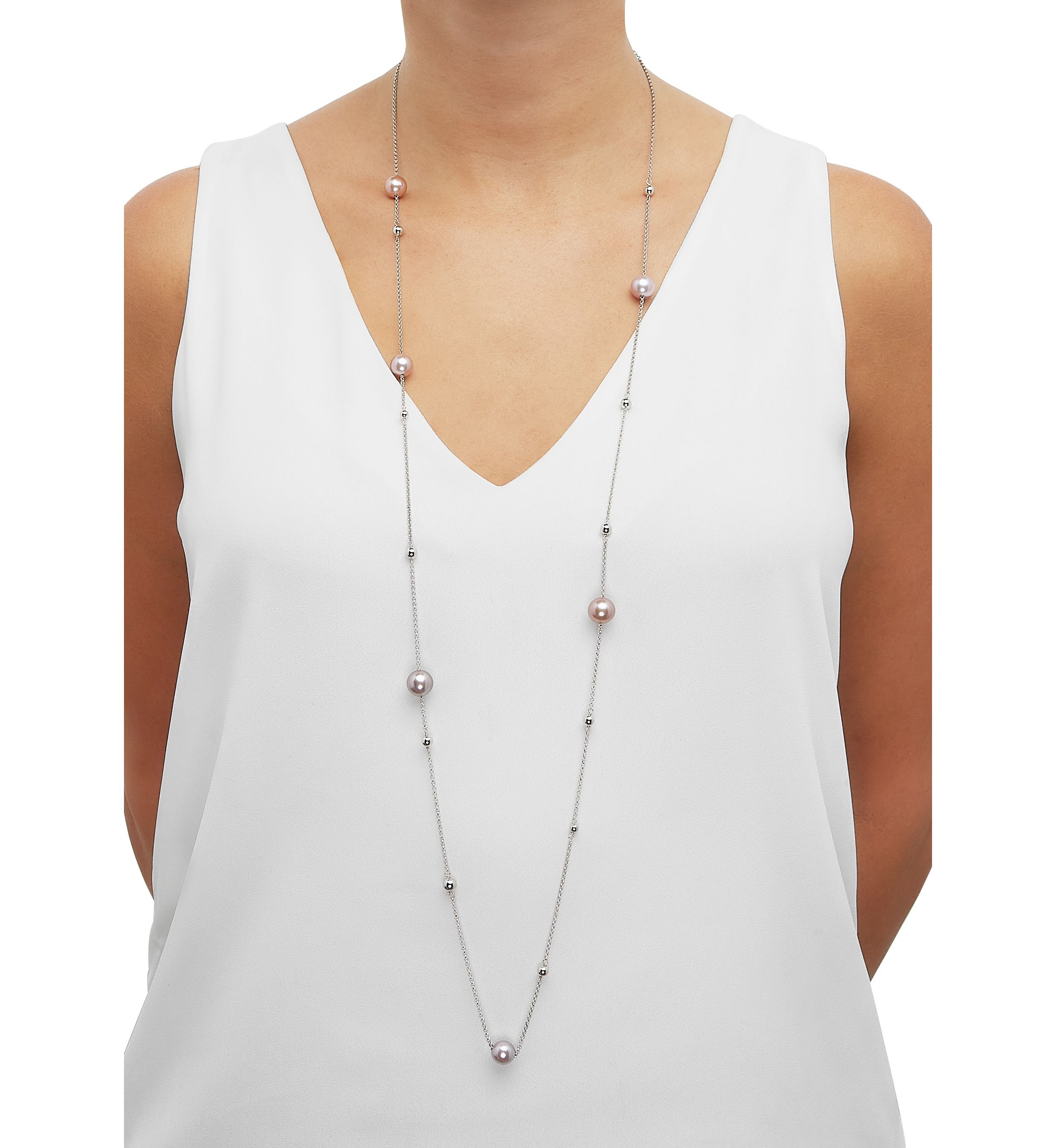 Natural Ming Pearl Station Necklace in Sterling Silver