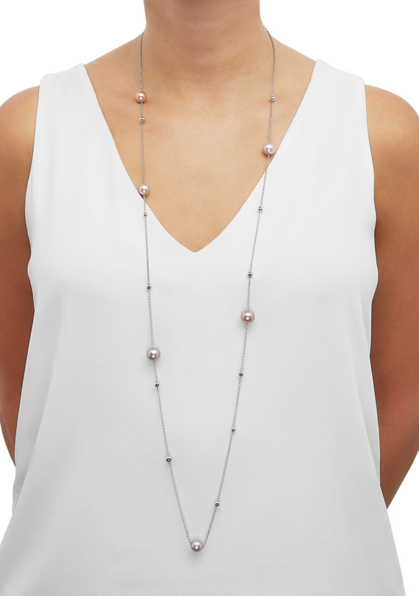 Natural Ming Pearl Station Necklace in Sterling Silver