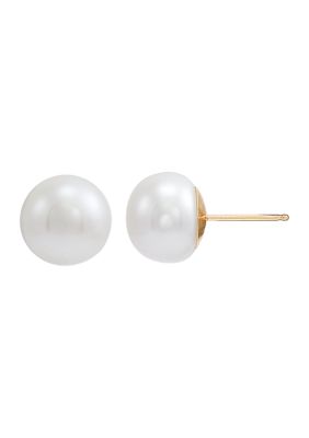 Belk & Co White Button Freshwater Pearl Stud Earrings in 14K Yellow Gold