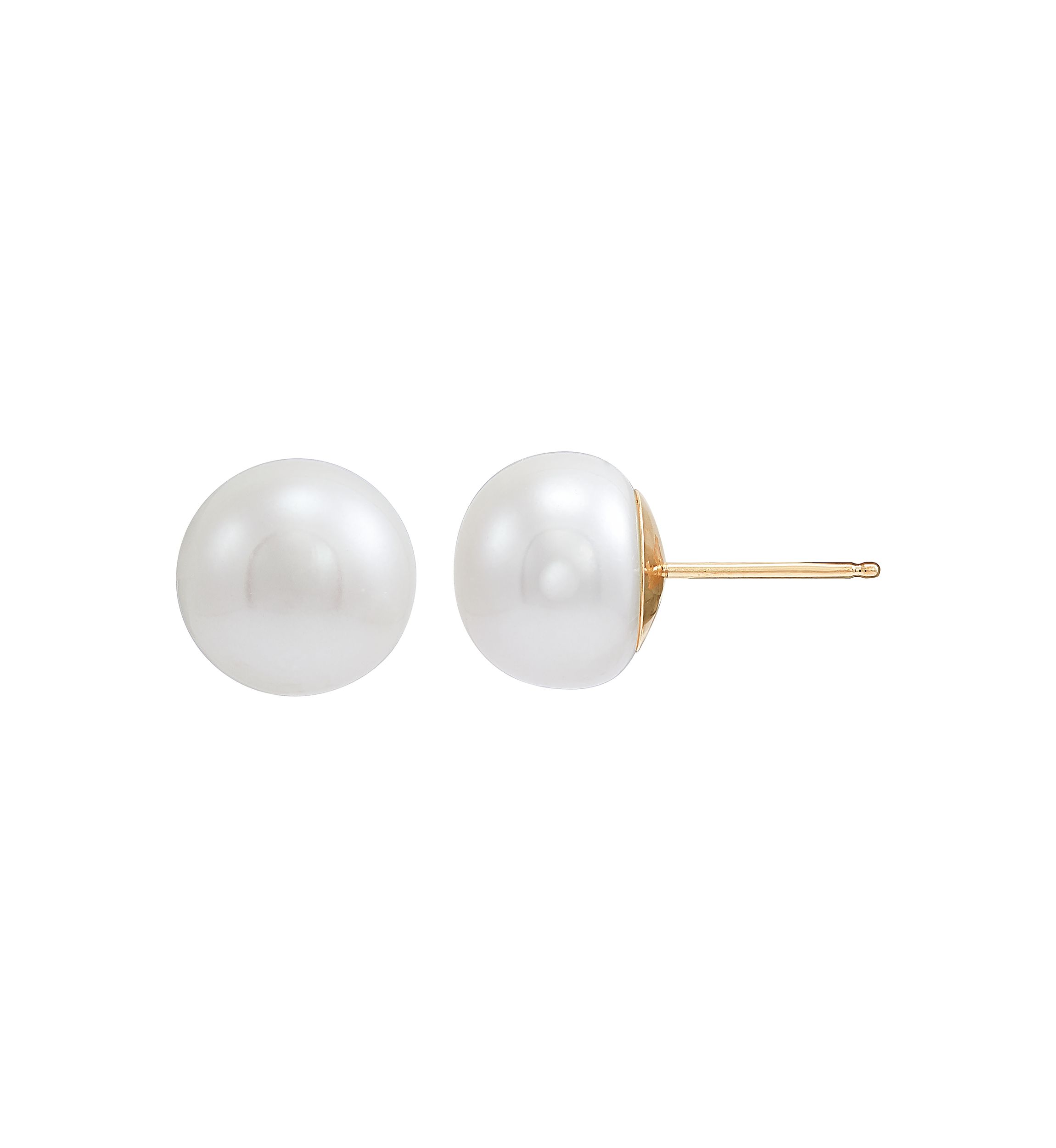 White Button Freshwater Pearl Stud Earrings in 14K Yellow Gold
