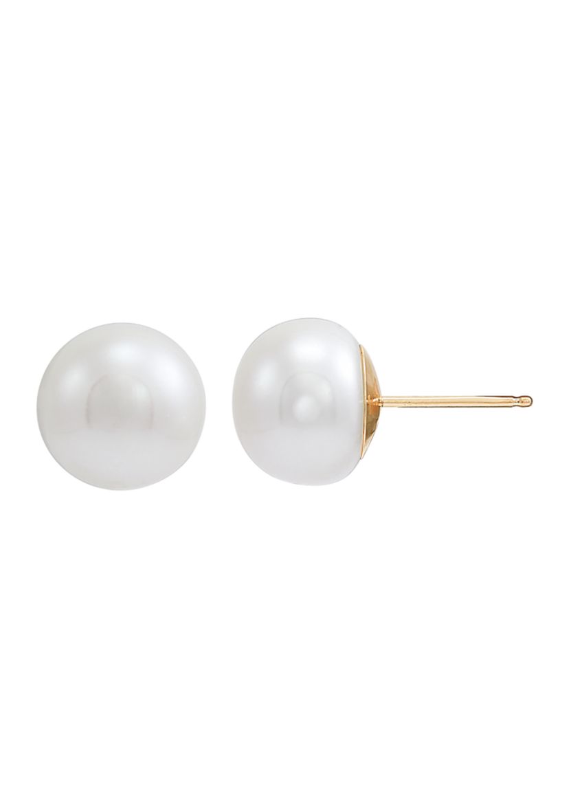 White Button Freshwater Pearl Stud Earrings in 14K Yellow Gold