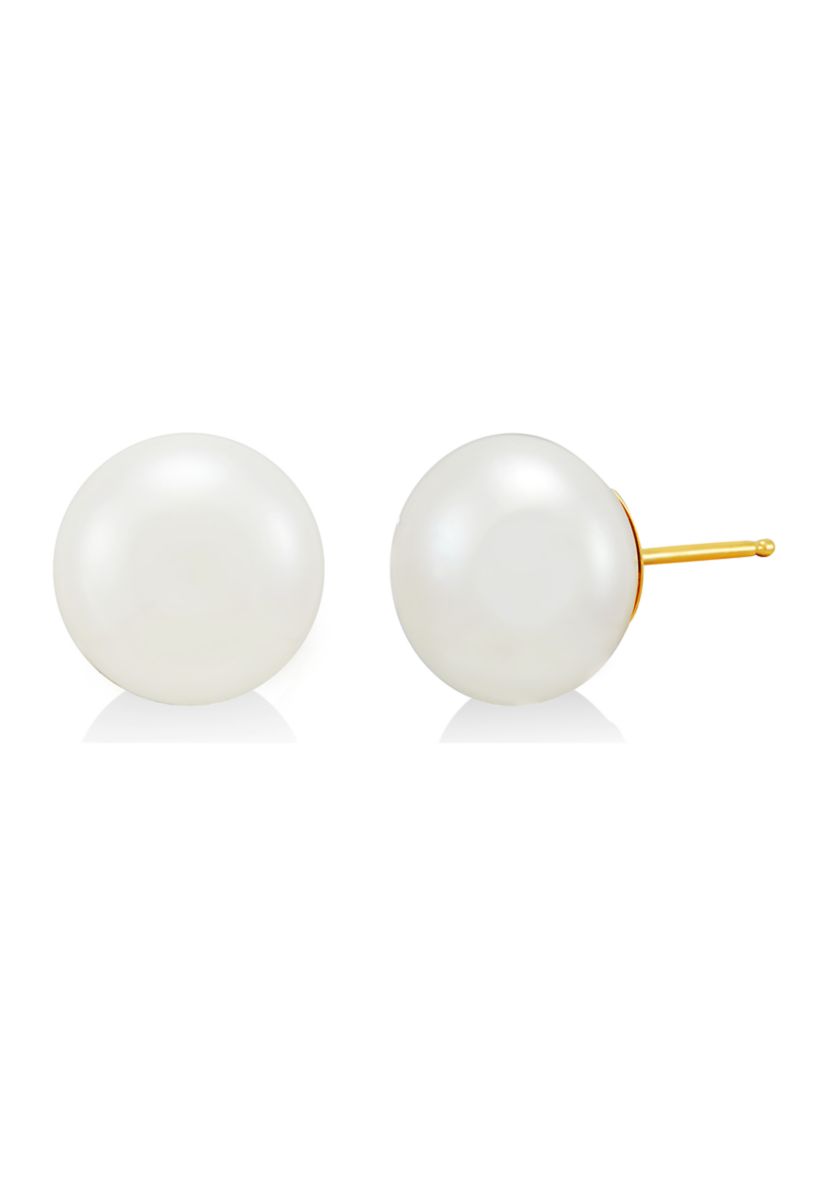 White Button Freshwater Pearl Stud Earrings in 14K Yellow Gold